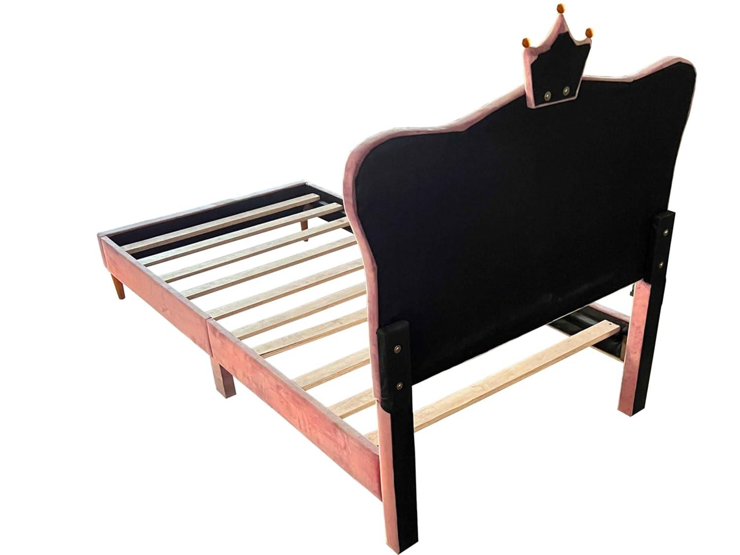 DreamBuck Full Size Upholstered Bed Frame with LED Lights, Upholstered Princess Bed with Crown Headboard and Wooden Slats Support, Modern Platform Bed for Kids, Teens, Girls, No Box Spring Needed