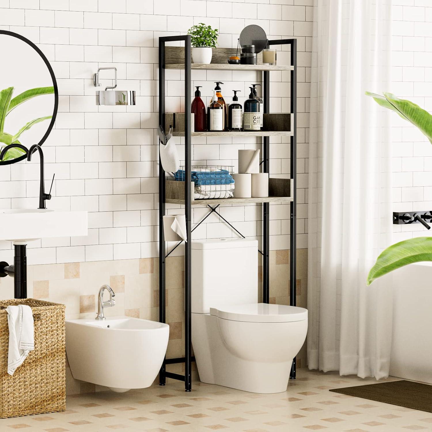 White Oak Freestanding Over-The-Toilet Storage Rack with Black Frame