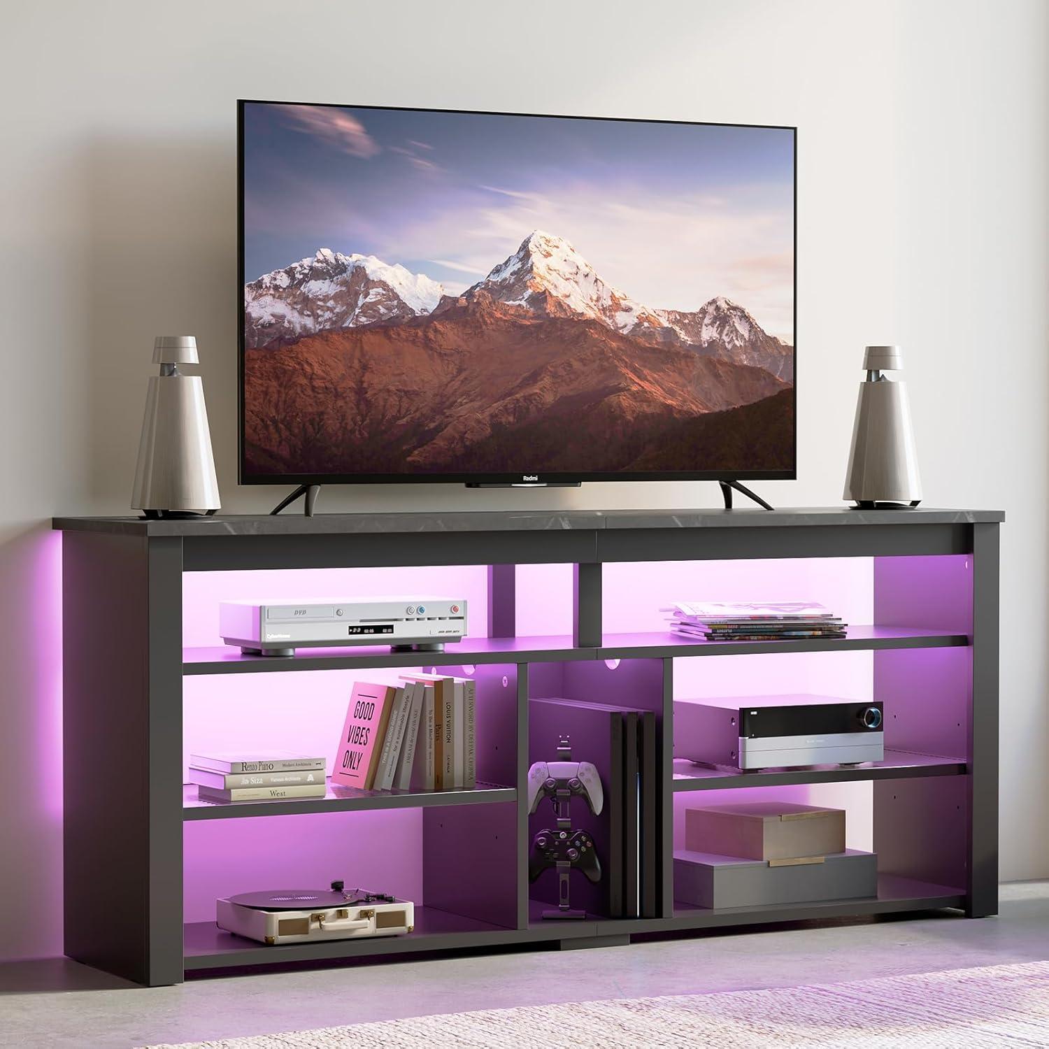 Bestier LED Tall Entertainment Center, 55/60/65 inch TV Stand with Storage for PS5 Xbox, Adjustable Shelf Media Console for Living Room, Black Marble