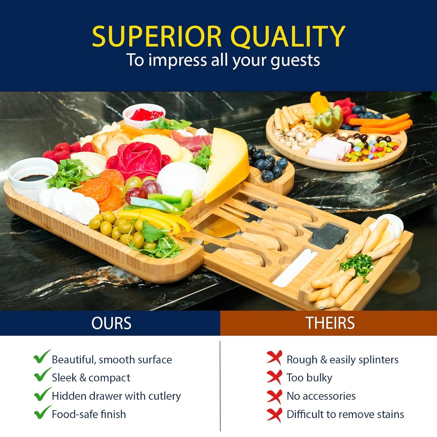 SMIRLY Charcuterie Board Set Large Bamboo Cheese Board with Fruit Tray & 2 Ceramic Bowls