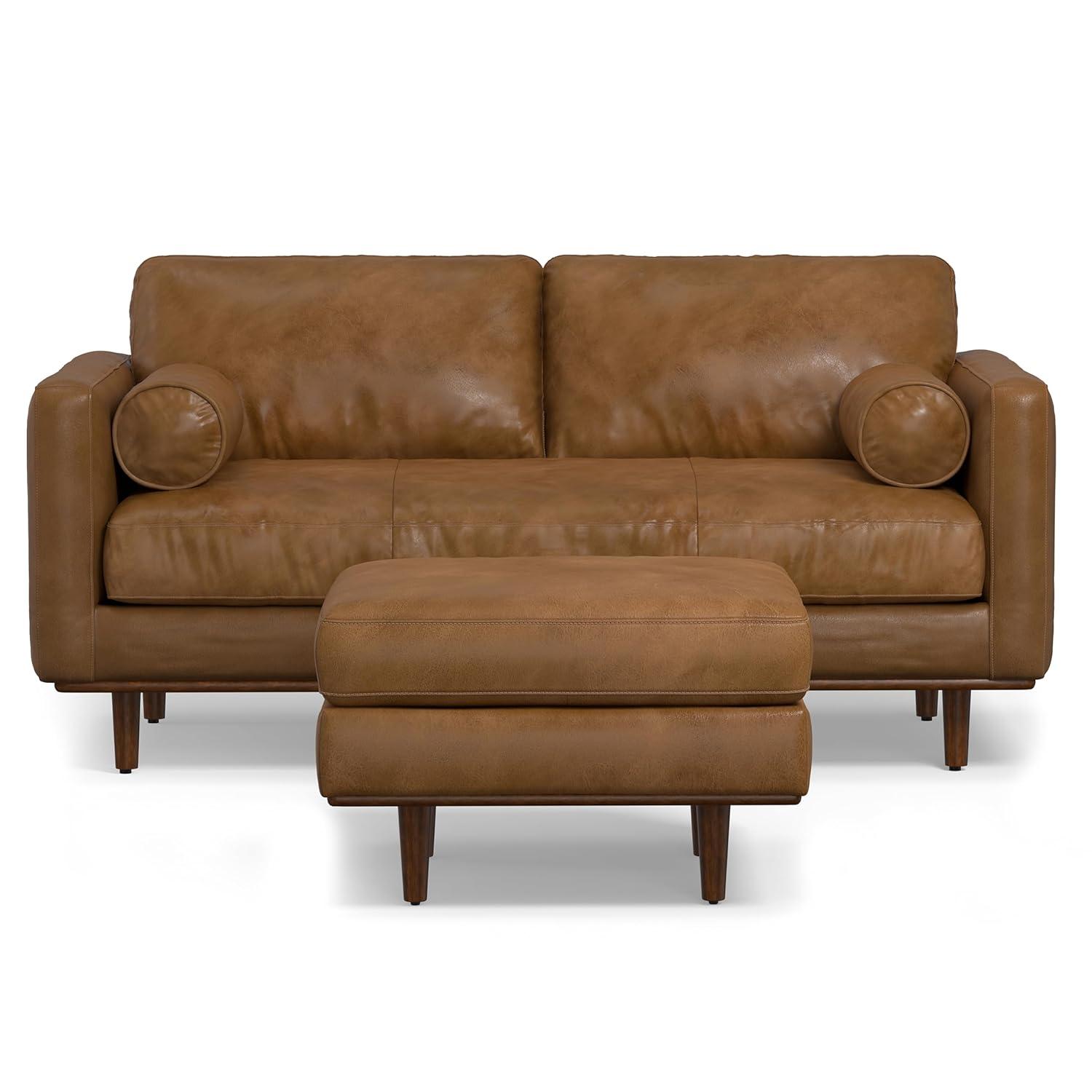 Simpli Home Morrison  Sofa and Ottoman Set in Genuine Leather