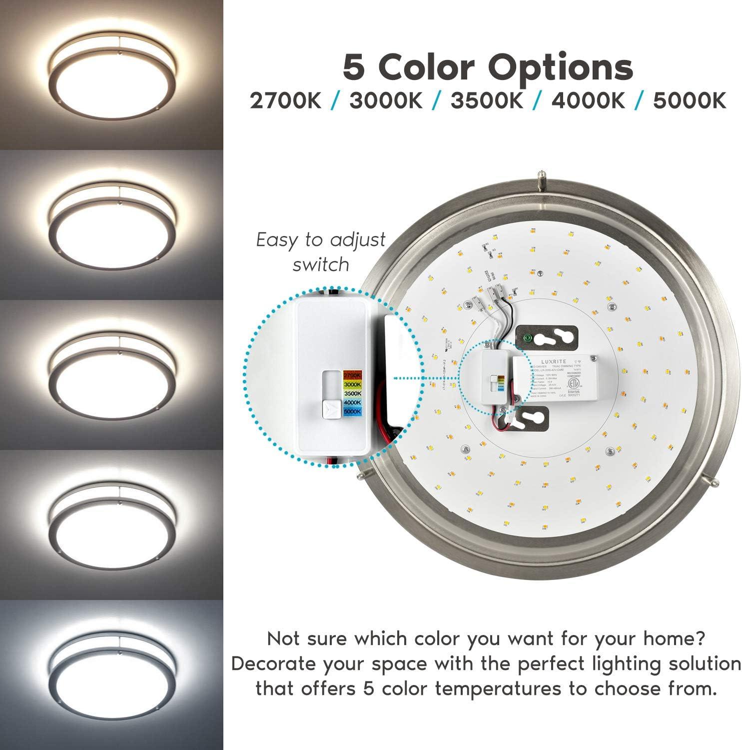 Luxrite 14 Inch LED Flush Mount Ceiling Light, Color Temperature Selectable 2700K / 3000K / 3500K / 4000K / 5000K