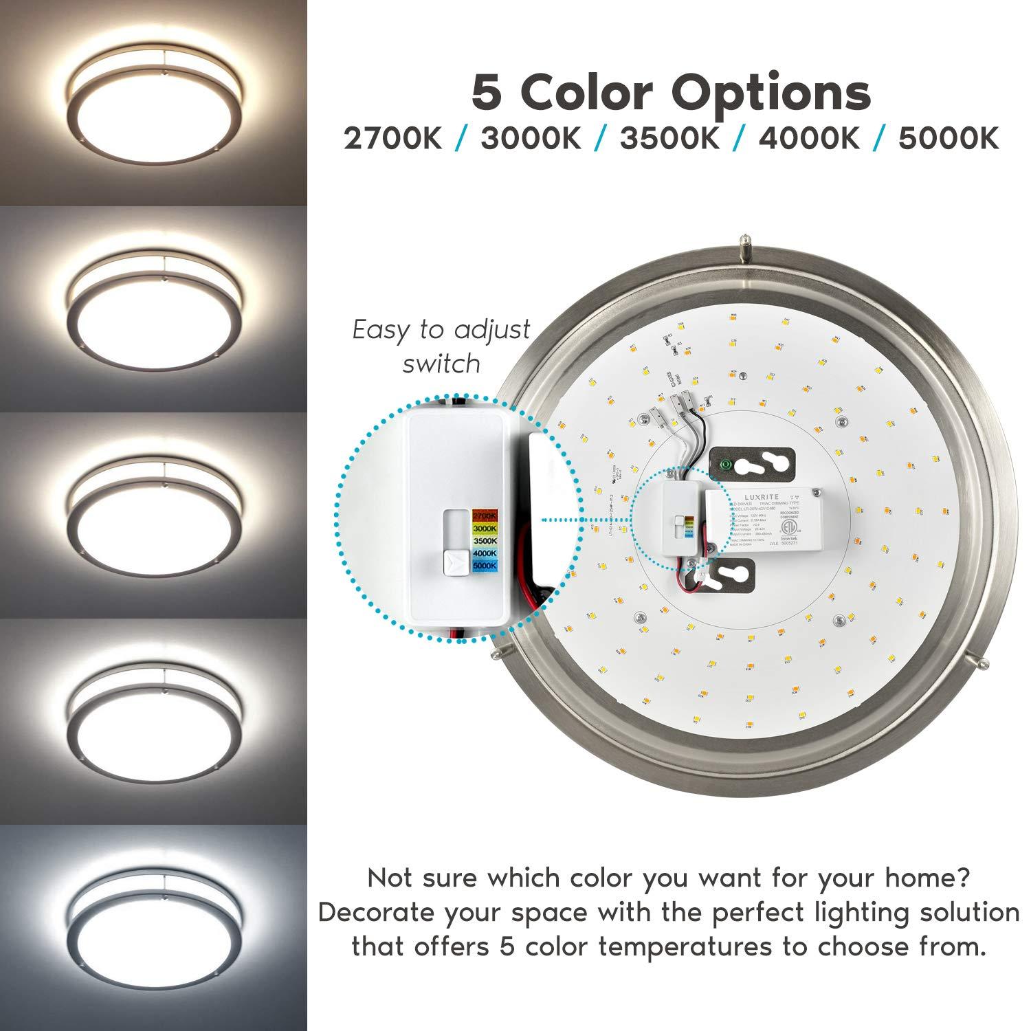 Luxrite 14 Inch LED Flush Mount Ceiling Light, Color Temperature Selectable 2700K / 3000K / 3500K / 4000K / 5000K