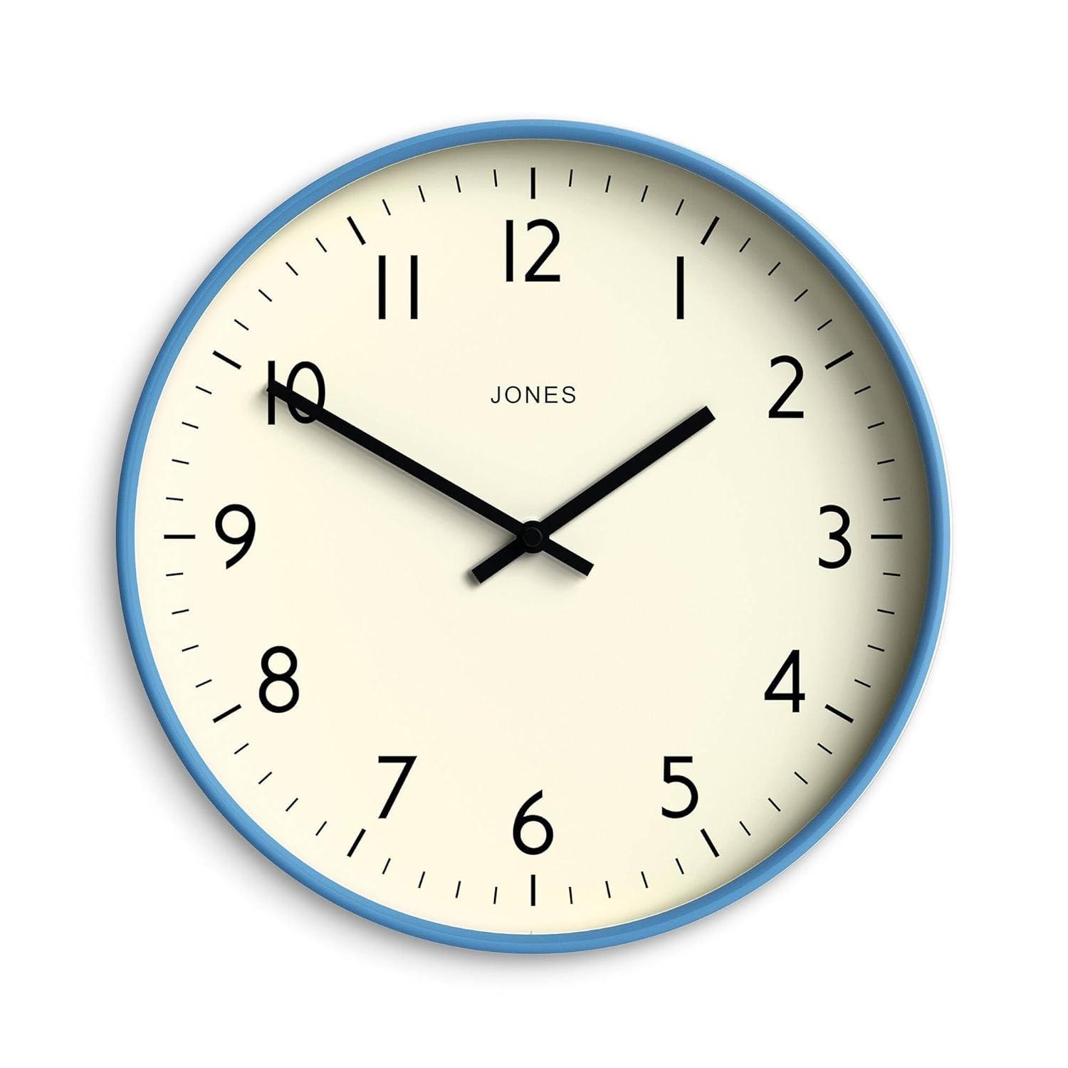 JONES CLOCKS® Studio Wall Clock | Modern Round Clock | 12 inch | Mid Blue | Easy to Read Numbers | Versatile Design for Kitchen, Living Room or Office