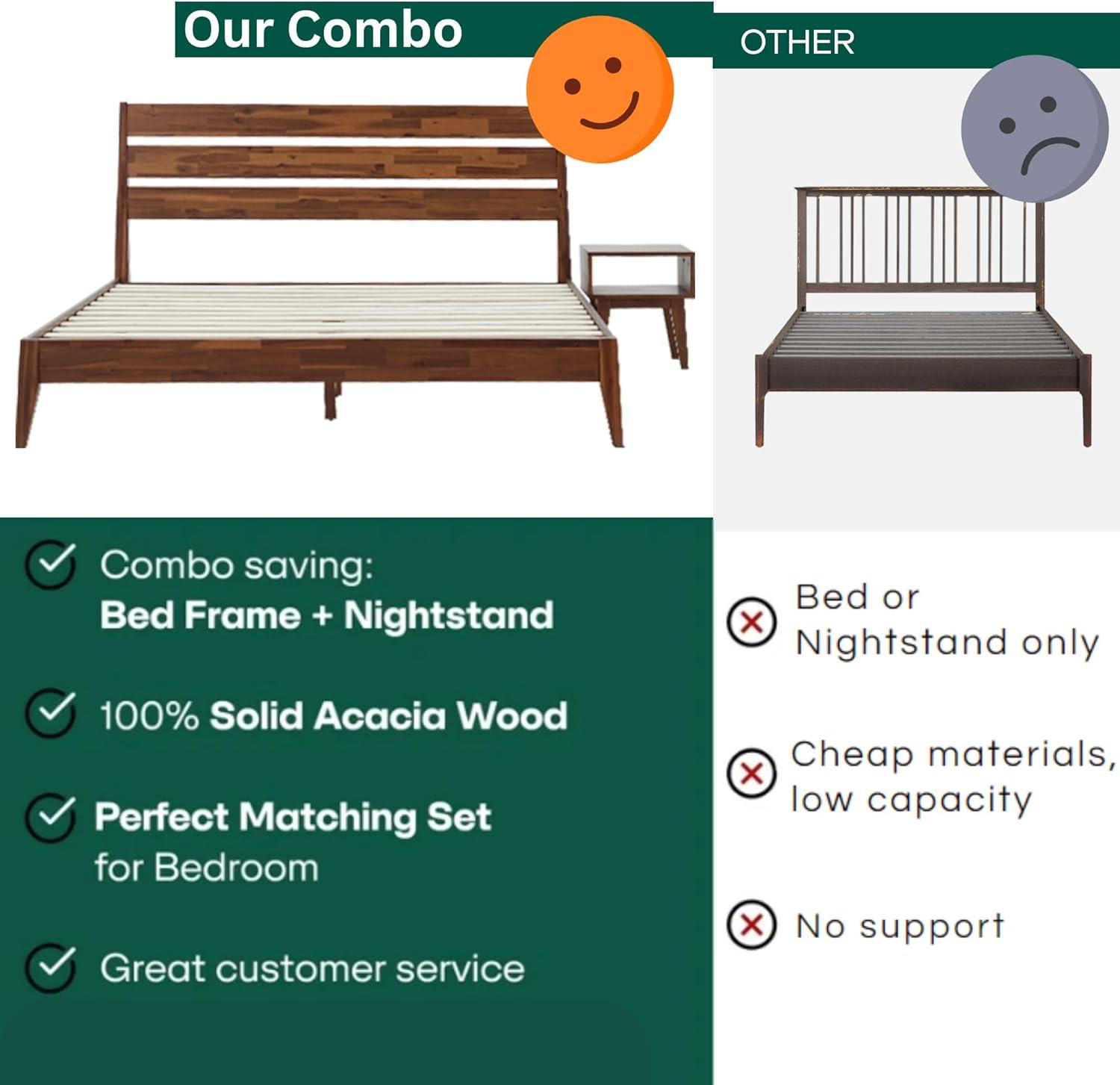 Acacia Emery 2-Pcs Bedroom Set – Solid Wood Platform Bed Frame & Matching Nightstand, Mid-Century Modern Farmhouse, 800 lbs Capacity, No Box Spring Needed