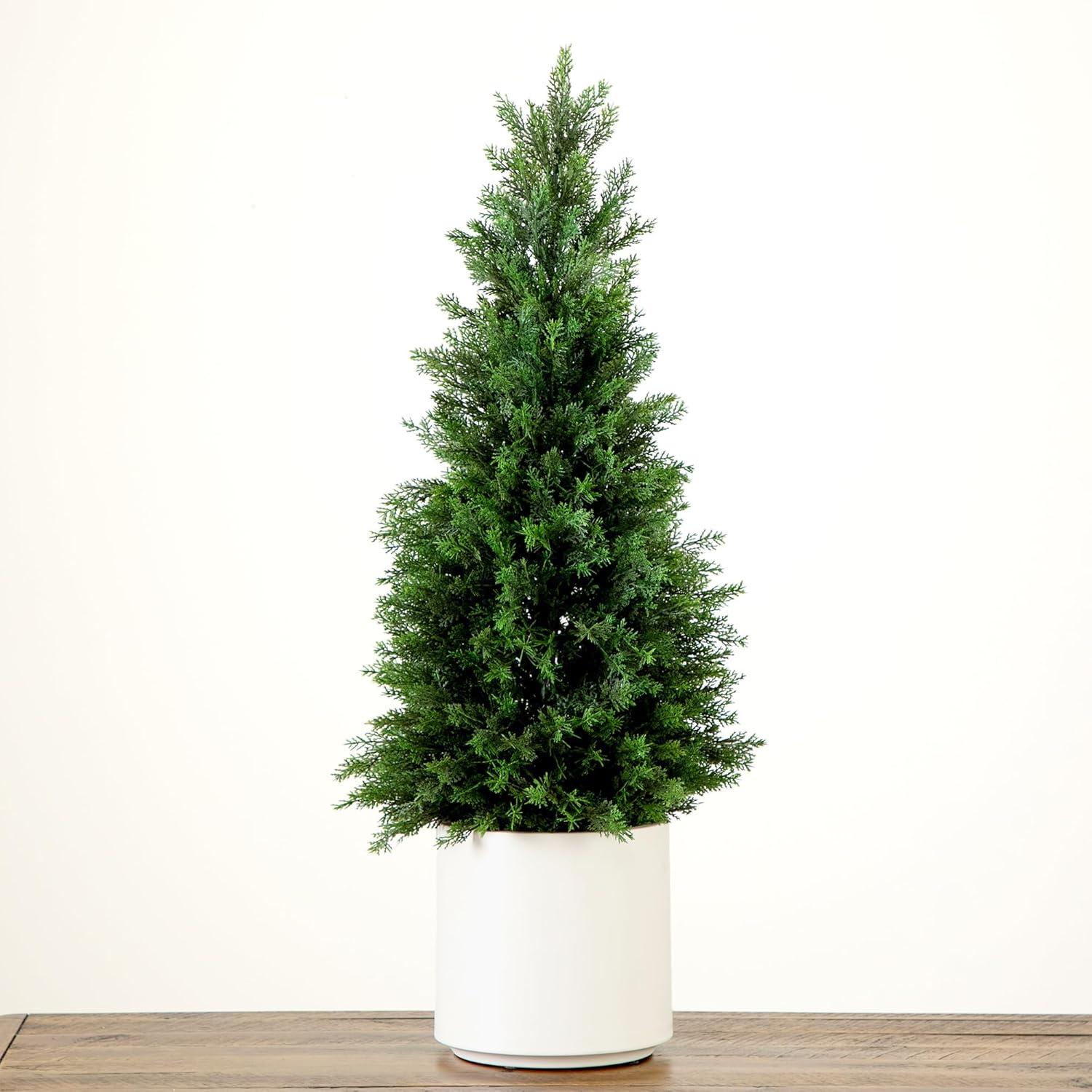 Nearly Natural 3-ft Artificial Cedar Tree in White Planter UV Resistant (Indoor/Outdoor)