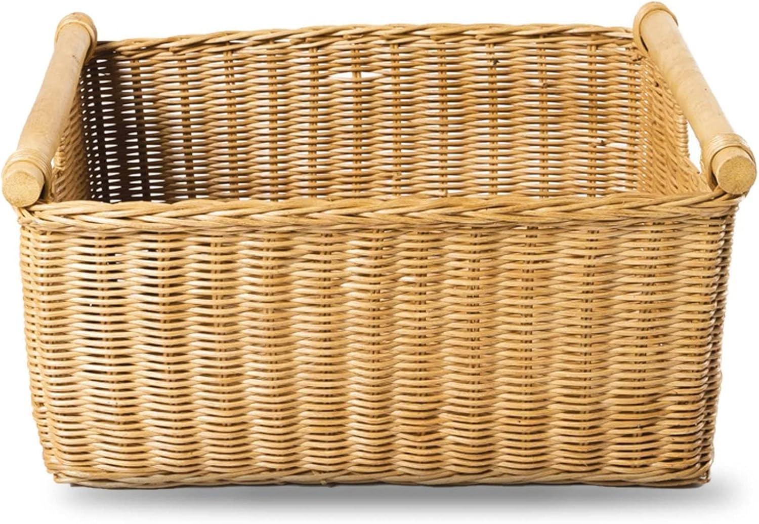 Drevy Deep Pole Handle Wicker Storage Basket, Large, 15 in L x 15.5 in W x 9.5 in H, Sandstone