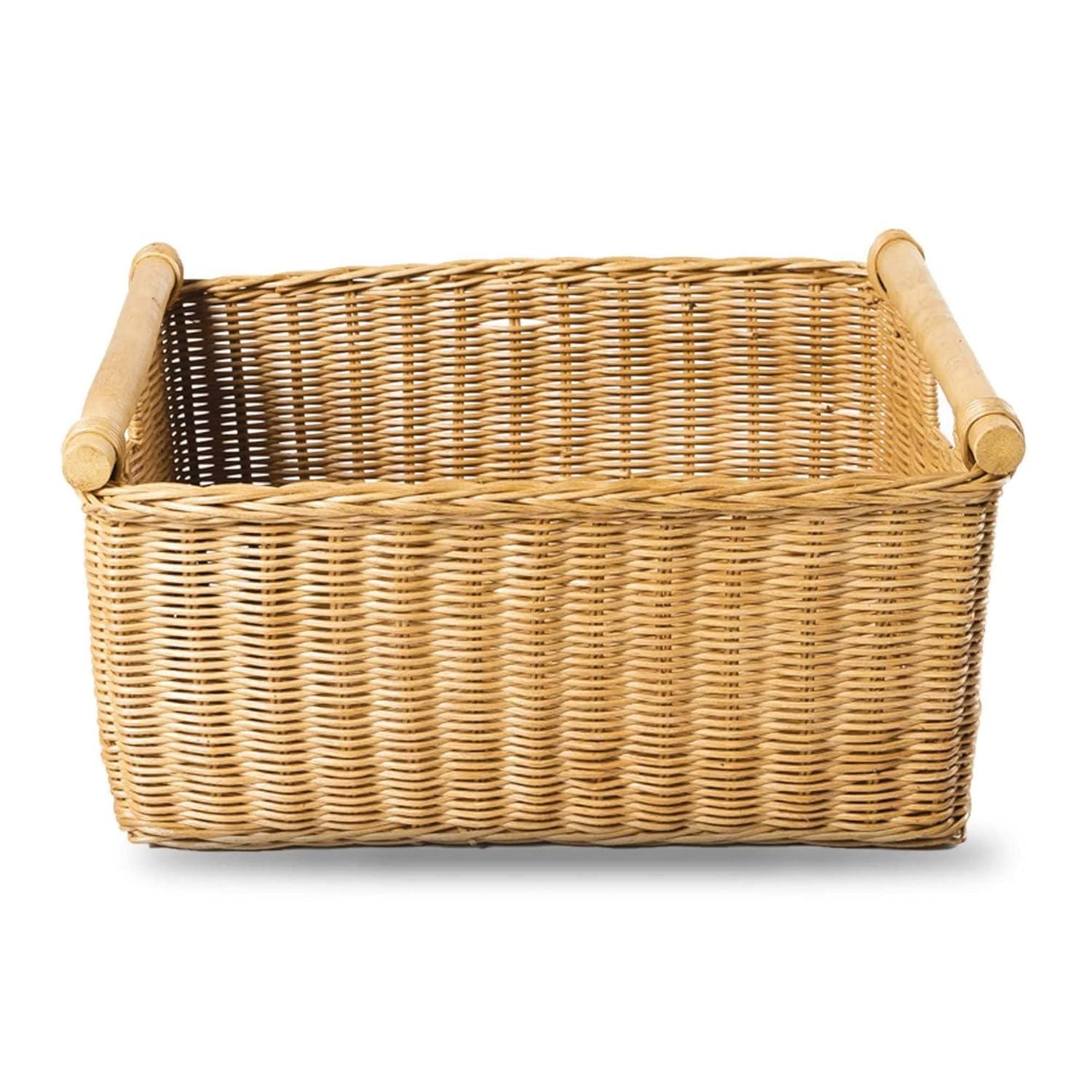 Drevy Deep Pole Handle Wicker Storage Basket, Large, 15 in L x 15.5 in W x 9.5 in H, Sandstone