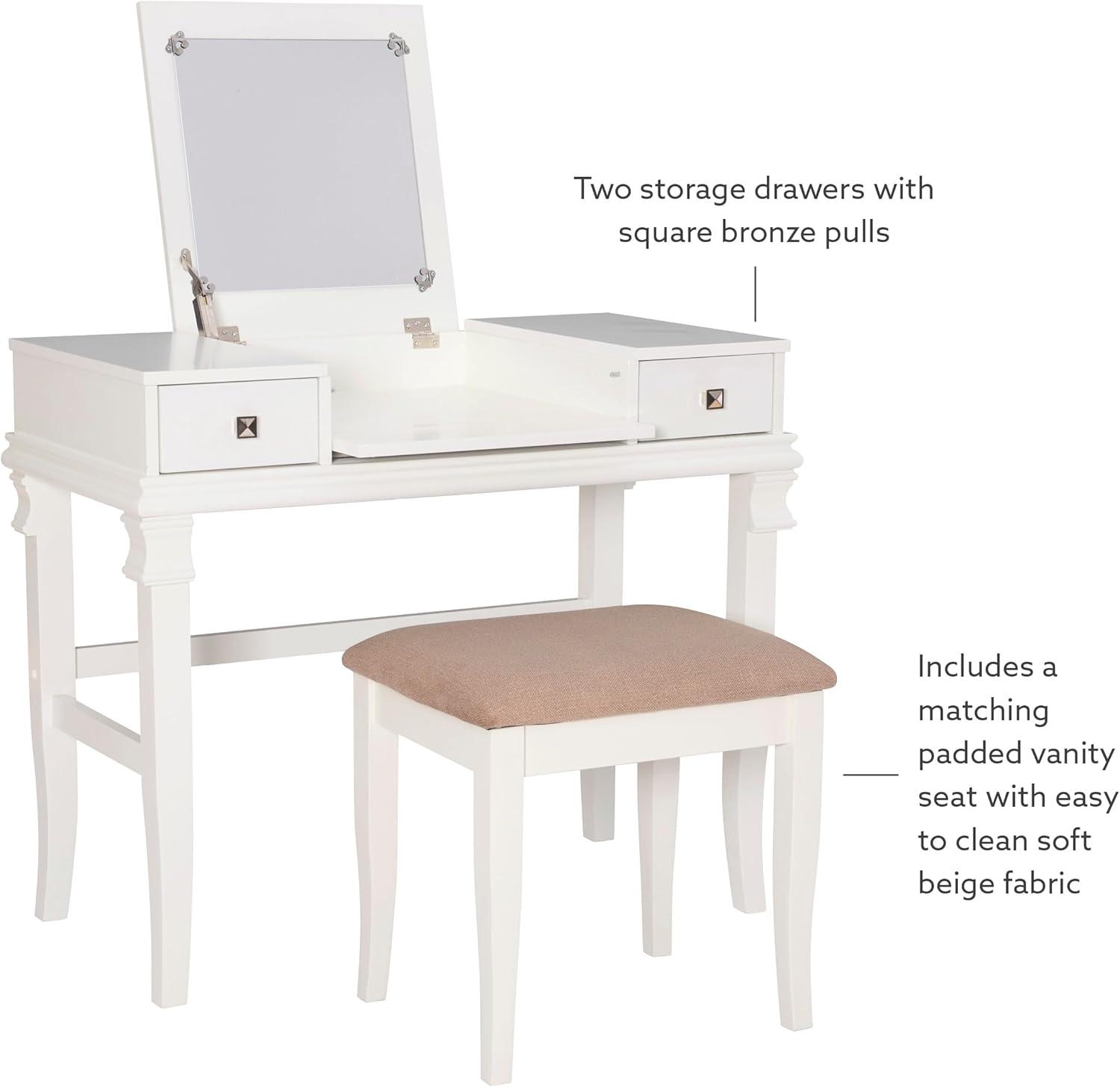 Linon Angela Wood Vanity & Padded Beige Stool 2 Drawers Flip Up Mirror in White