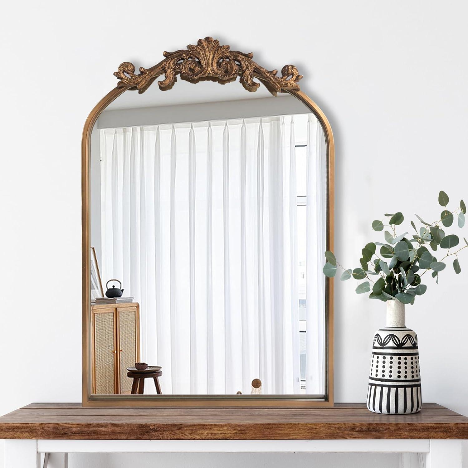 BohoBliss 24"X36" Gold Vintage Mirror for Wall, Antique Arch Mirror, Victorian Ornate Baroque Mirror for Wall, Mantel, Fireplace, Living Room, Hallway, Bathroom, Bedroom, Entryway