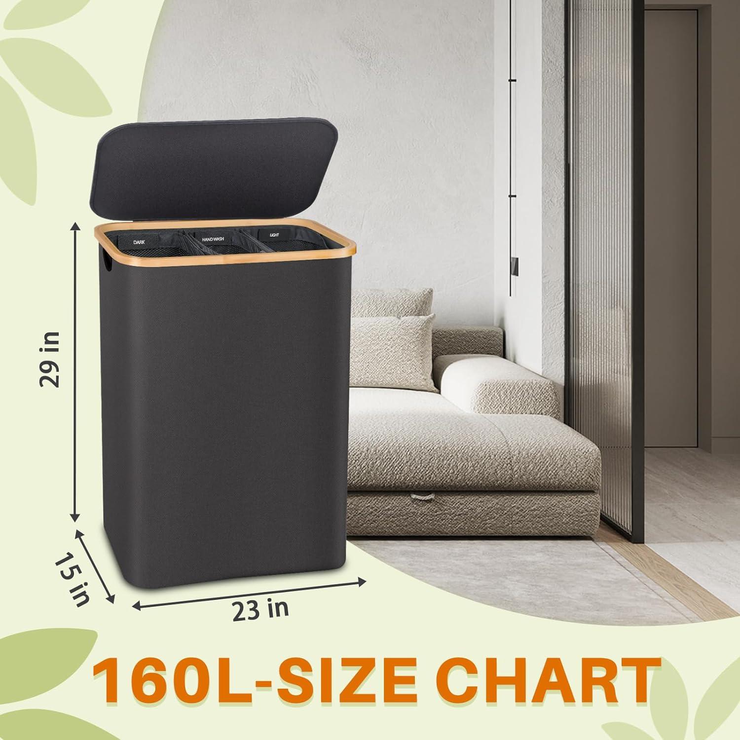 JASODI Laundry Hamper with Lid, 160L Extra Large Laundry Basket 3 Section Dirty Clothes Hamper for Laundry with Removable Laundry Bags