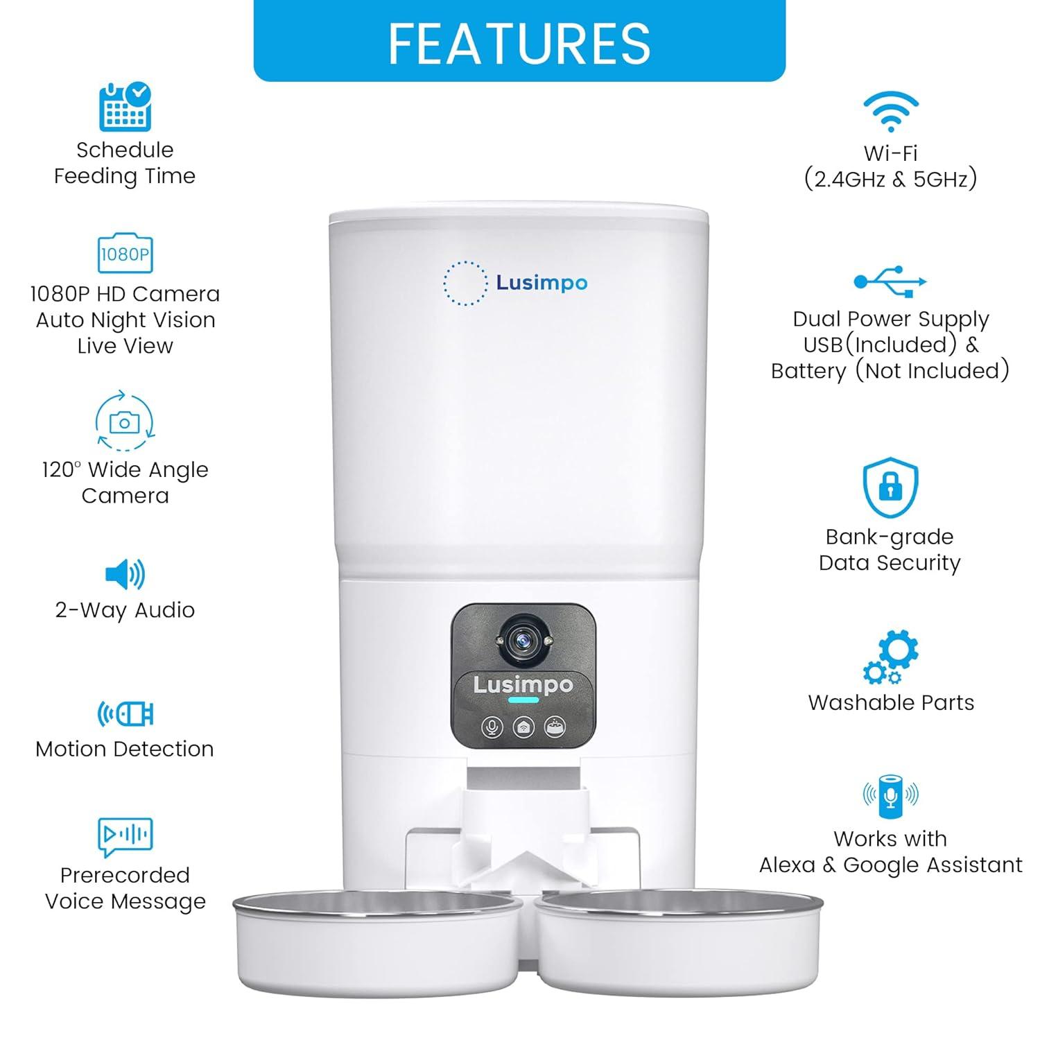 LUSIMPO Automatic Dual Pet Feeder with 1080P HD Camera for 2 Dogs/Cats, Double Bowls, Free App Control, Scheduled Feeding, Auto Night Vision, Large Food Capacity 7L, Motion Detection, No Monthly fee