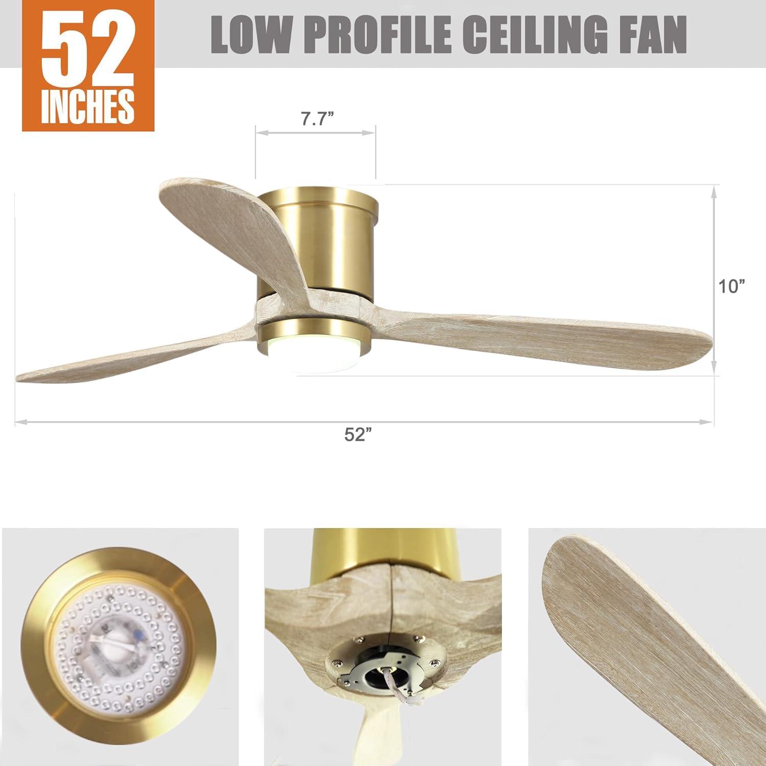 Golden Low Profile Ceiling Fan with LED Light and Remote