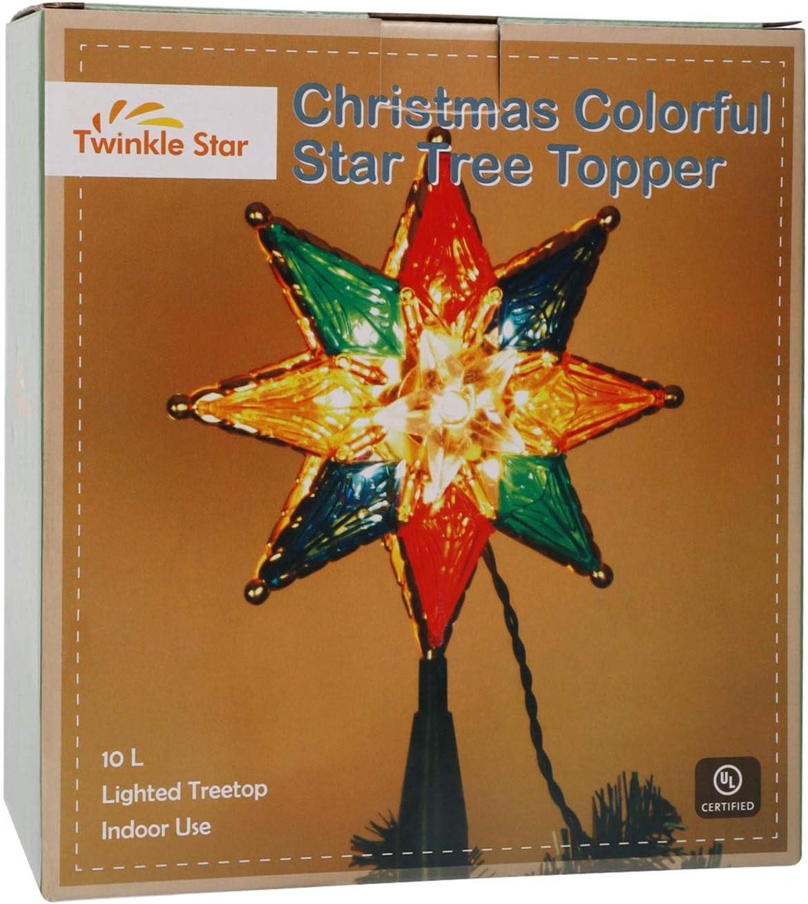 Twinkle Star Lighted Christmas Tree Topper, Colorful 8-Point Star Xmas Star Treetop with 10 Incandescent Lights, Holiday Christmas Tree Decorations