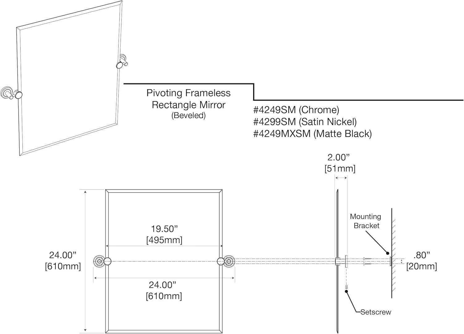 Latitude II Wall Mounted Frameless Beveled Rectangle | Pivoting Bathroom Vanity Wall Mirror