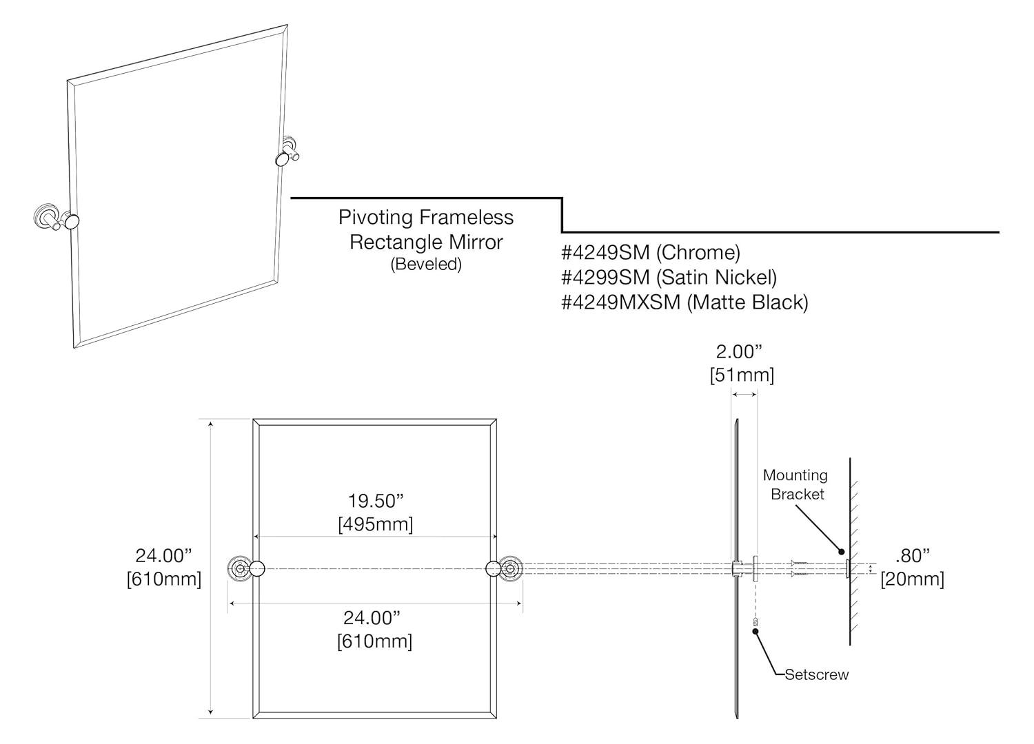 Latitude II Wall Mounted Frameless Beveled Rectangle Mirror | Pivoting Bathroom Vanity Wall Mirror
