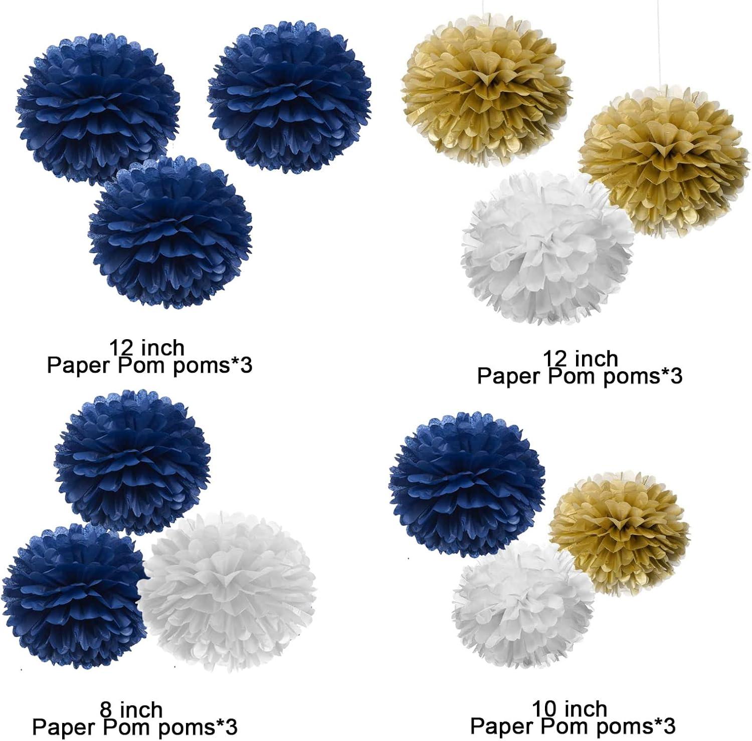 AIM & GGKK Paper Pom Poms Gold Gradient Navy Blue and White Tissue Hanging Paper Pom Poms,Flower Ball Wedding Birthday Party Decoration(12pcs)