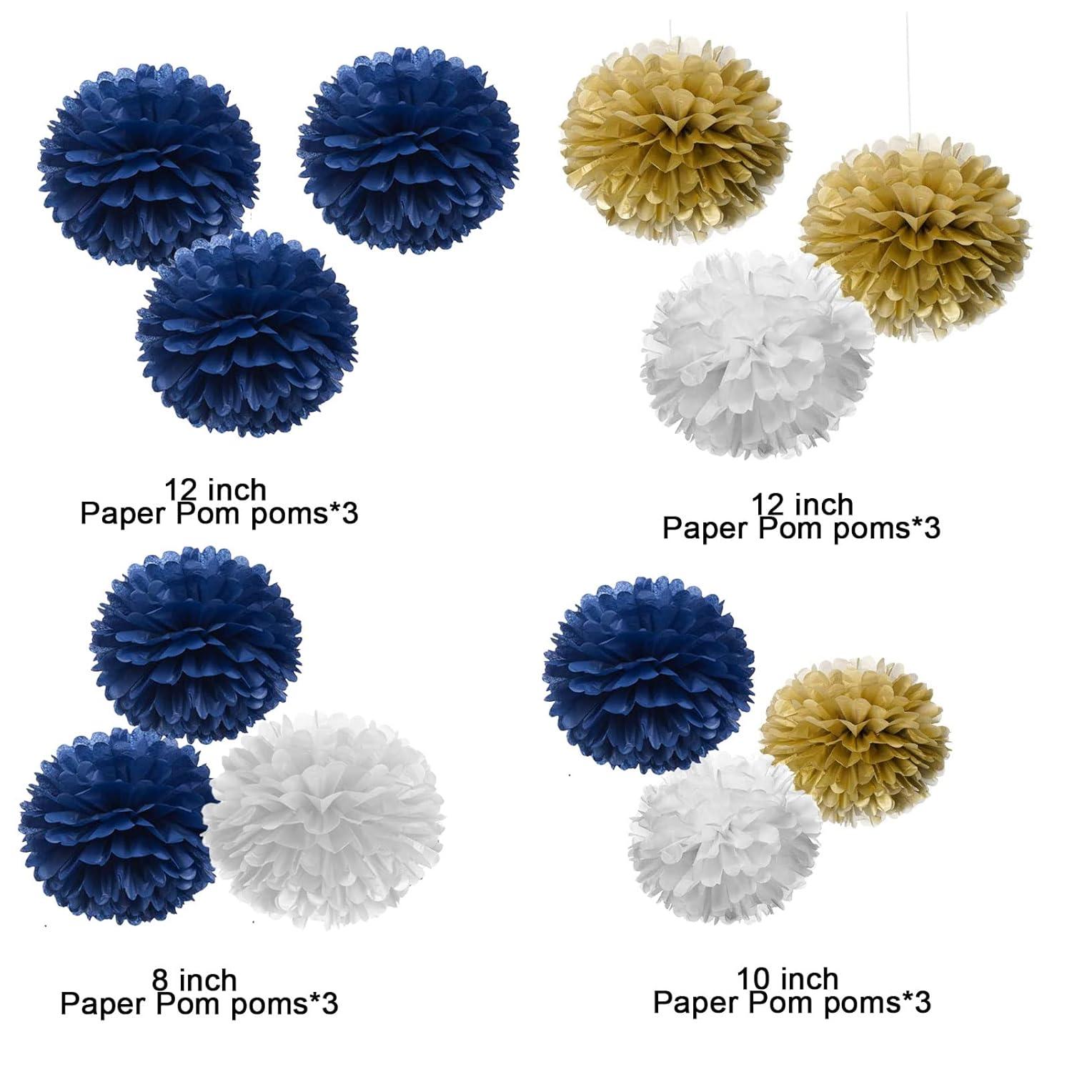 AIM & GGKK Paper Pom Poms Gold Gradient Navy Blue and White Tissue Hanging Paper Pom Poms,Flower Ball Wedding Birthday Party Decoration(12pcs)