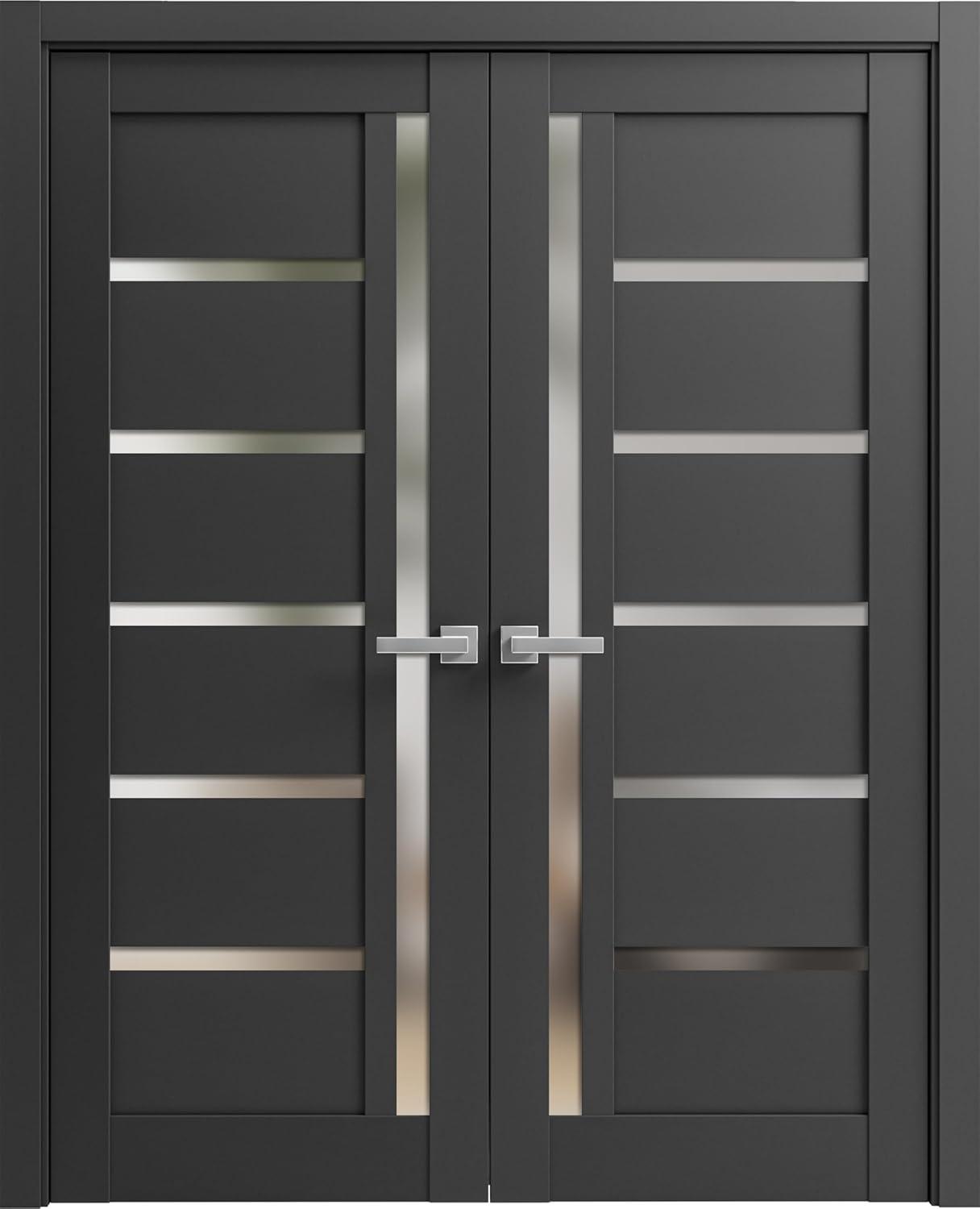 Solid French Double Doors | Quadro 4088 Matte Black with Frosted Glass | Wood Solid Panel Frame Trims | Closet Bedroom Sturdy Doors