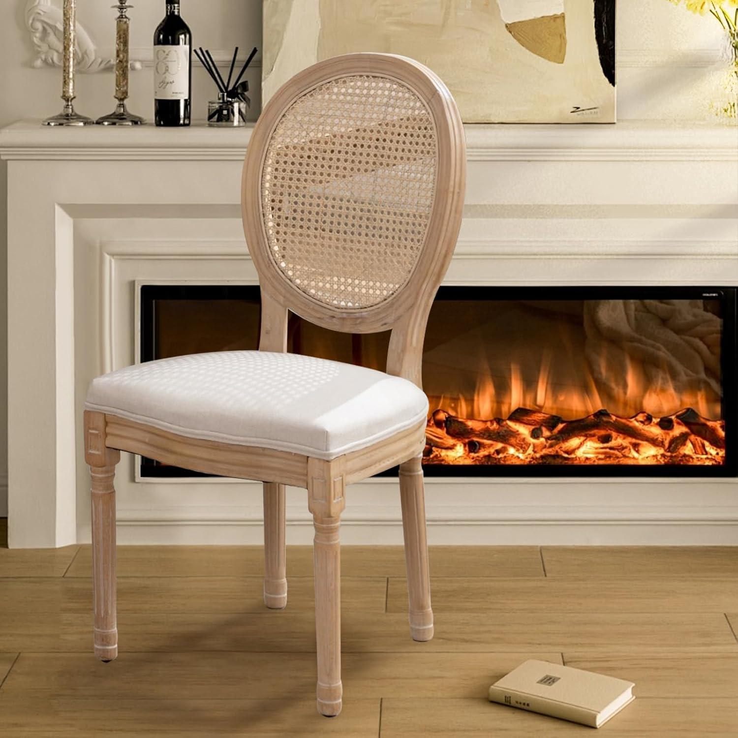 One Allium Way® French Style Rattan Back Solid Wood Upholstered Dining Chairs(Set of 6)