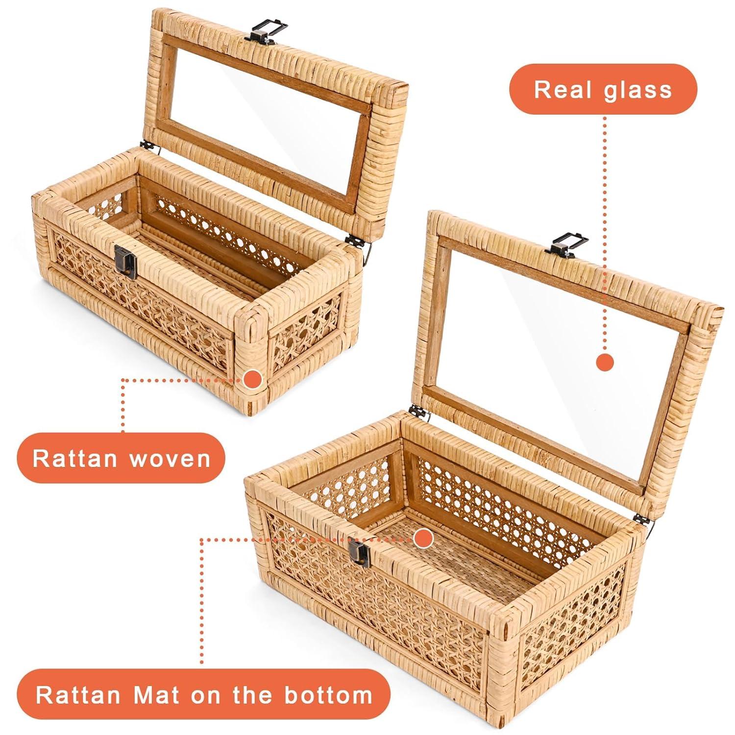 Rattan Decorative Box with Lid, Rectangular Woven with Glass for Display, Set of 2 Wicker for Decor