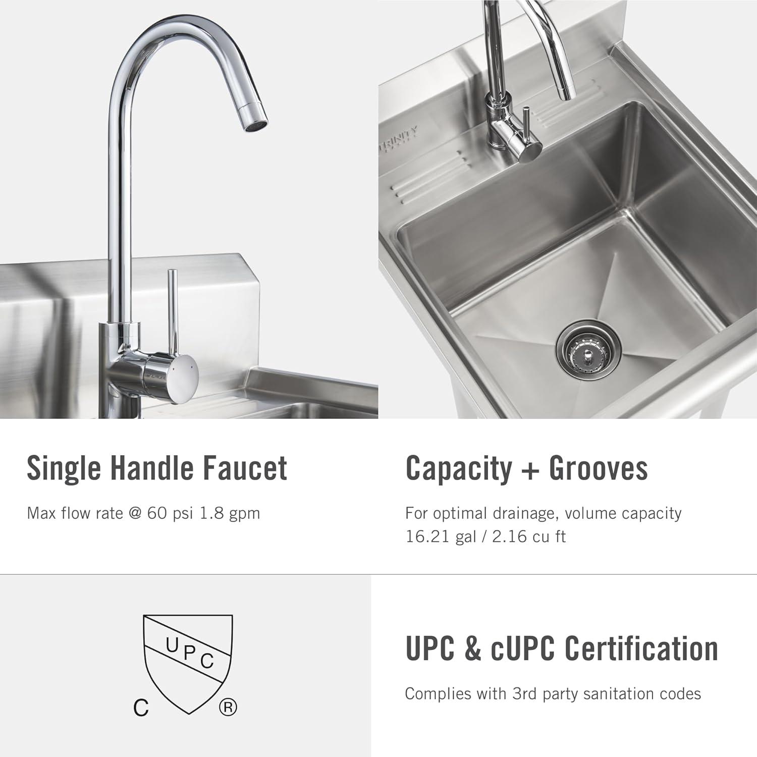 TRINITY Basics Stainless Steel Utility Sink w/ Faucet | NSF Certified