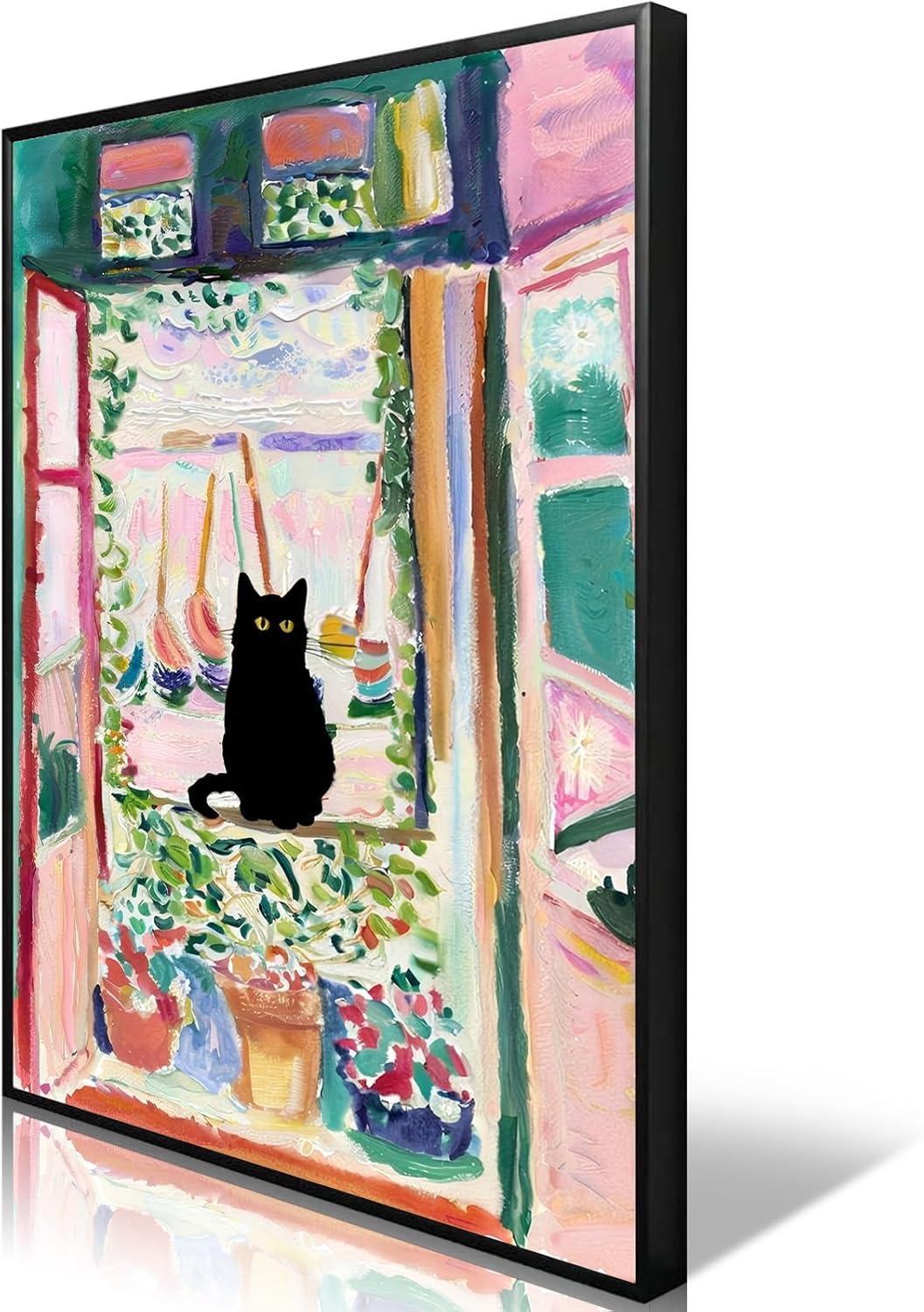 Henri Matisse Oil Paintings on Canvas Wall Art Matisse Famous Open Window Black Cat Poster Funny Cat Floral Print Colorful Farmhouse Gallery Aesthetic Room Decor for Bedroom Bathroom 12x16in Unframed