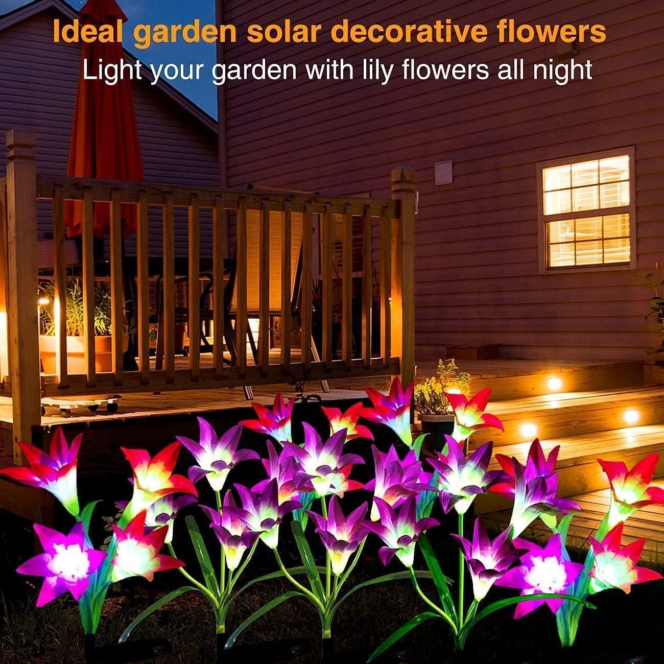 ANGMLN 4 Pack Solar Flowers Lights,16 Bigger Head Solar Lily Flowers, 7 Color Changing Pathway Lamps for Garden Patio Yard Party Wedding Holiday Outdoor Garden Stake Decoration(Purple2&White1&Pink1)