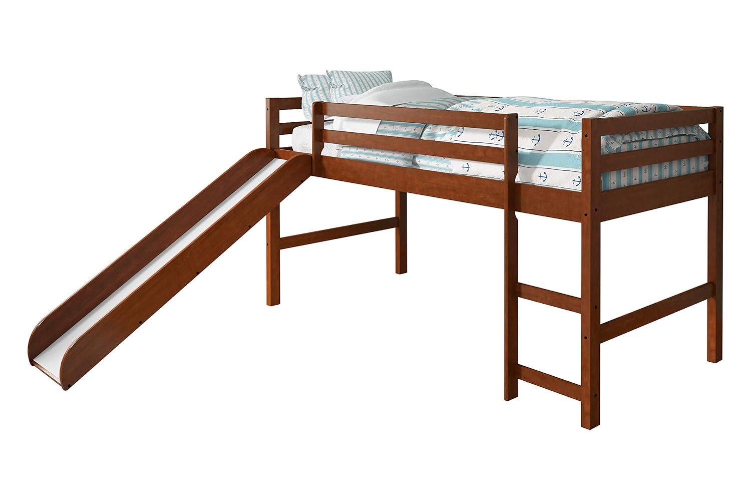 Espresso Pine Twin Loft Bed with Slide and Headboard