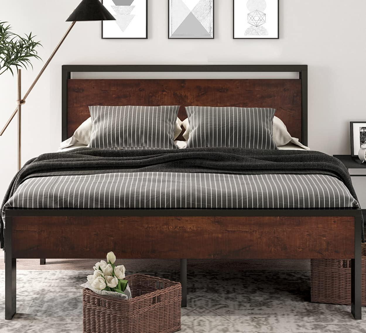 Mahogany Queen Metal Platform Bed Frame with Wood Headboard and Storage