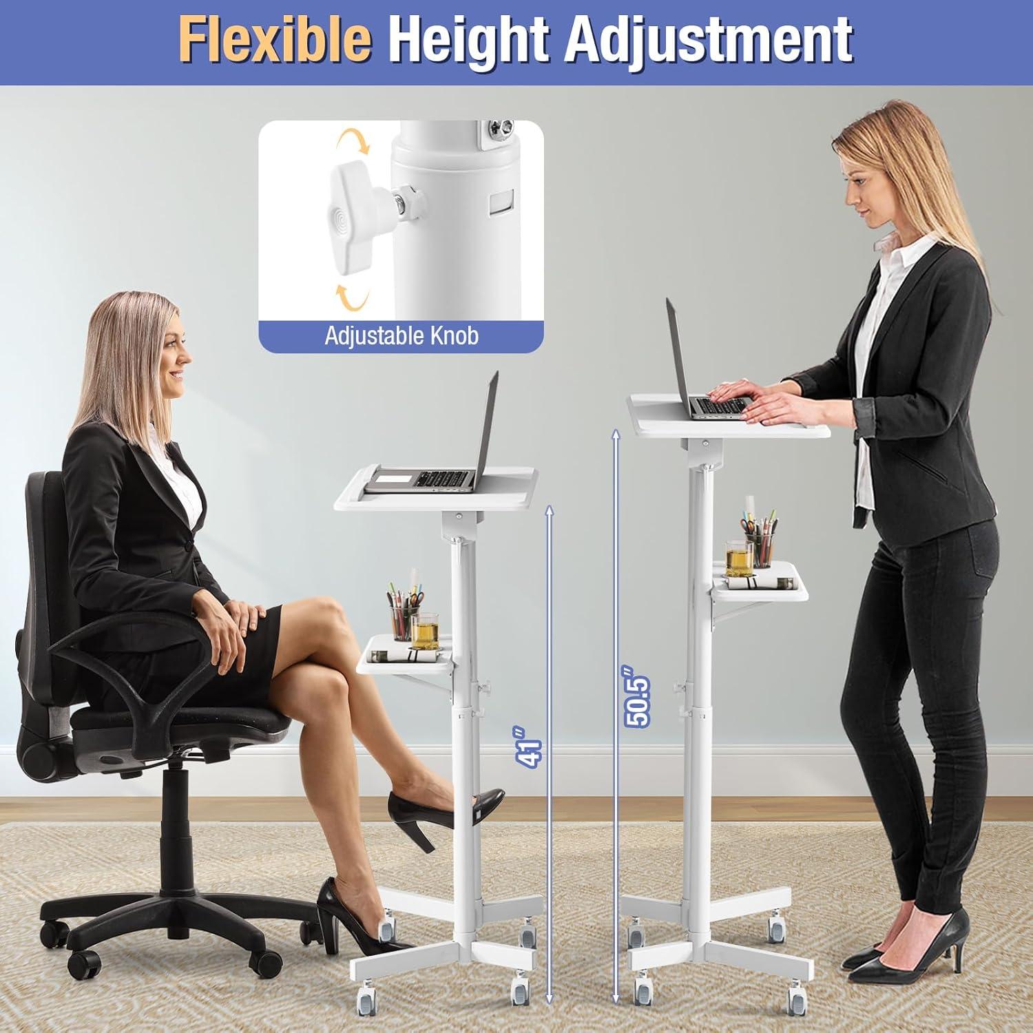 Giantex Mobile Laptop Podium, Height Adjustable Standing Desk with Storage Tray, Tilting Desktop, Home Office Classroom Pulpit Stand Up Desk, Rolling Laptop Cart Lecterns & Podiums for Church, White