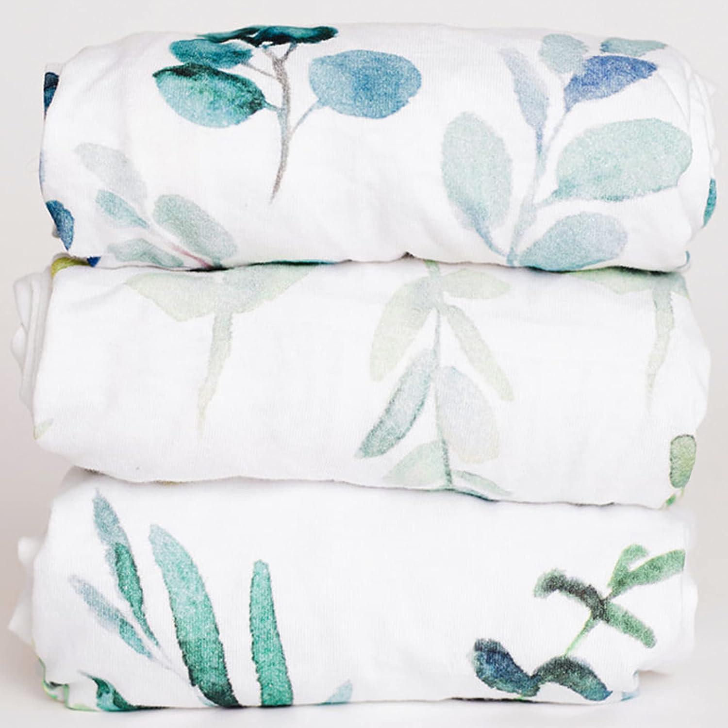 NODNAL CO. Green Leafy Cotton Bassinet Fitted Sheet Set, 100% OEKO-TEX Cotton, 3 Pieces, for Newborn Infant Baby Girl or Boy Nursery Bedding, Gender Neutral Leafs, Greenery, Floral Eucalyptus