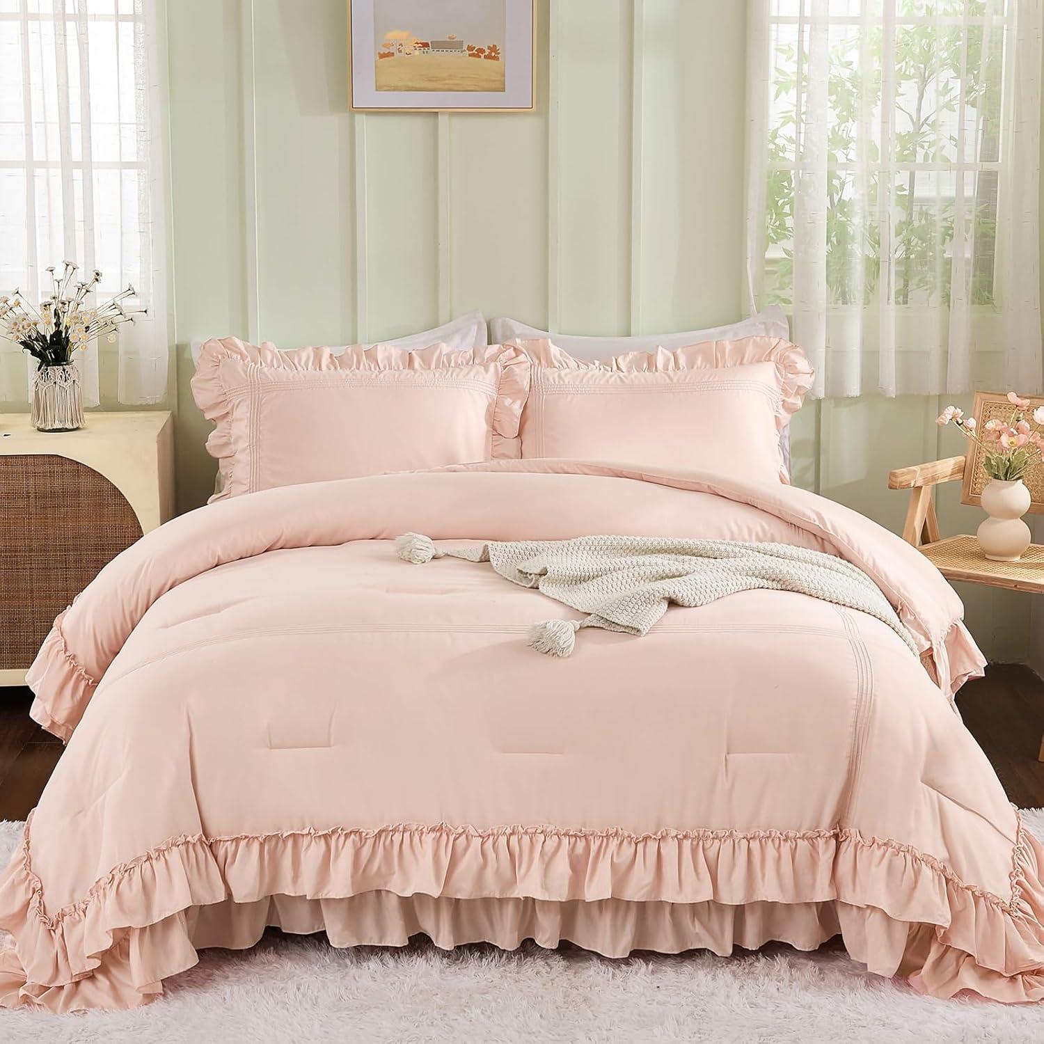 HOMERRY Pink Ruffle Pattern Duvet Cover Queen Size, 3PCS Soft Microfiber Fabric Comforter Set, 90x90 in