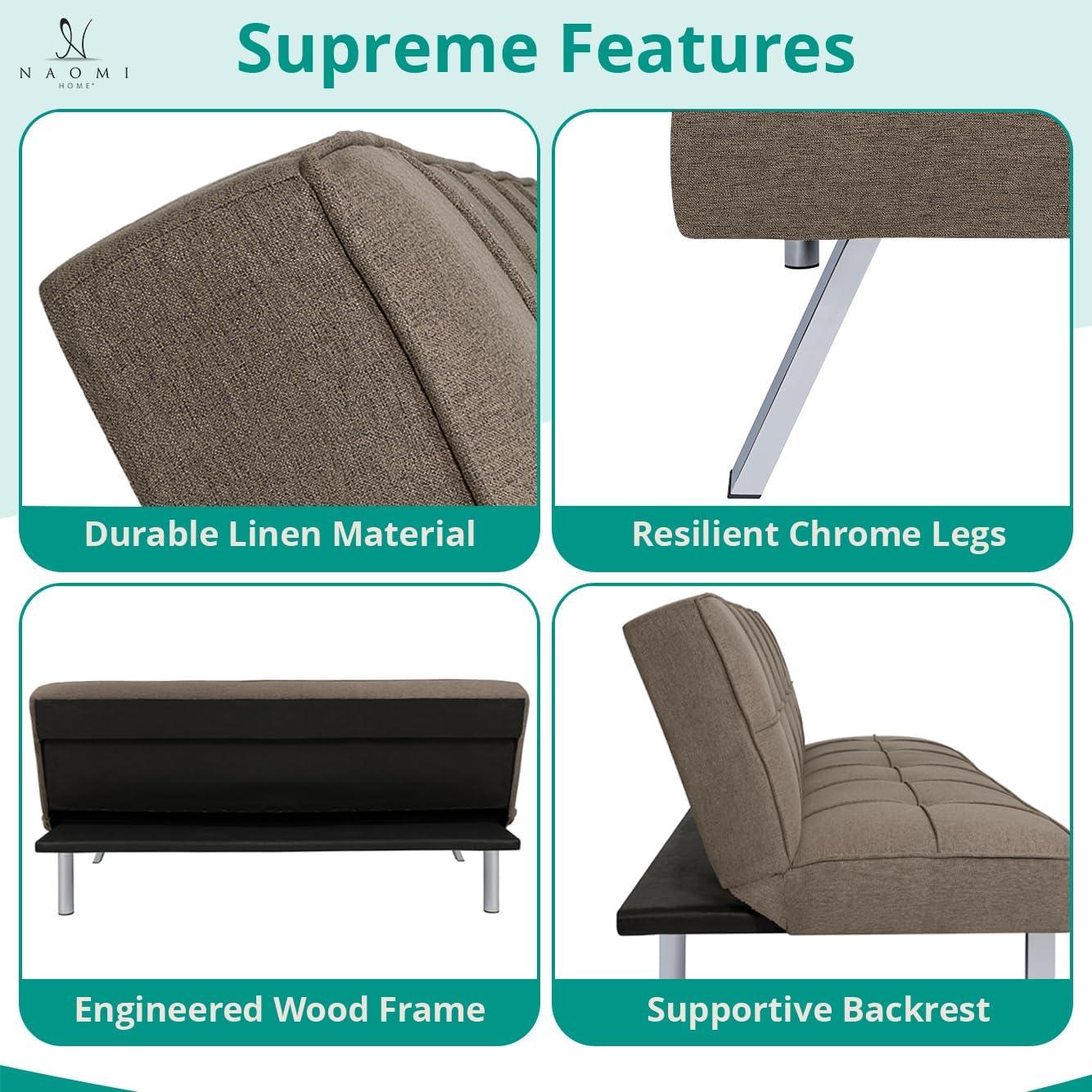 Modern Futon Sofa Bed - Compact Design for Small Spaces - Convertible Futon with Linen Fabric for Premium Comfort - Ideal Guest Couch - Stylish & Durable, Supports up to 750 lbs. - Tangerine