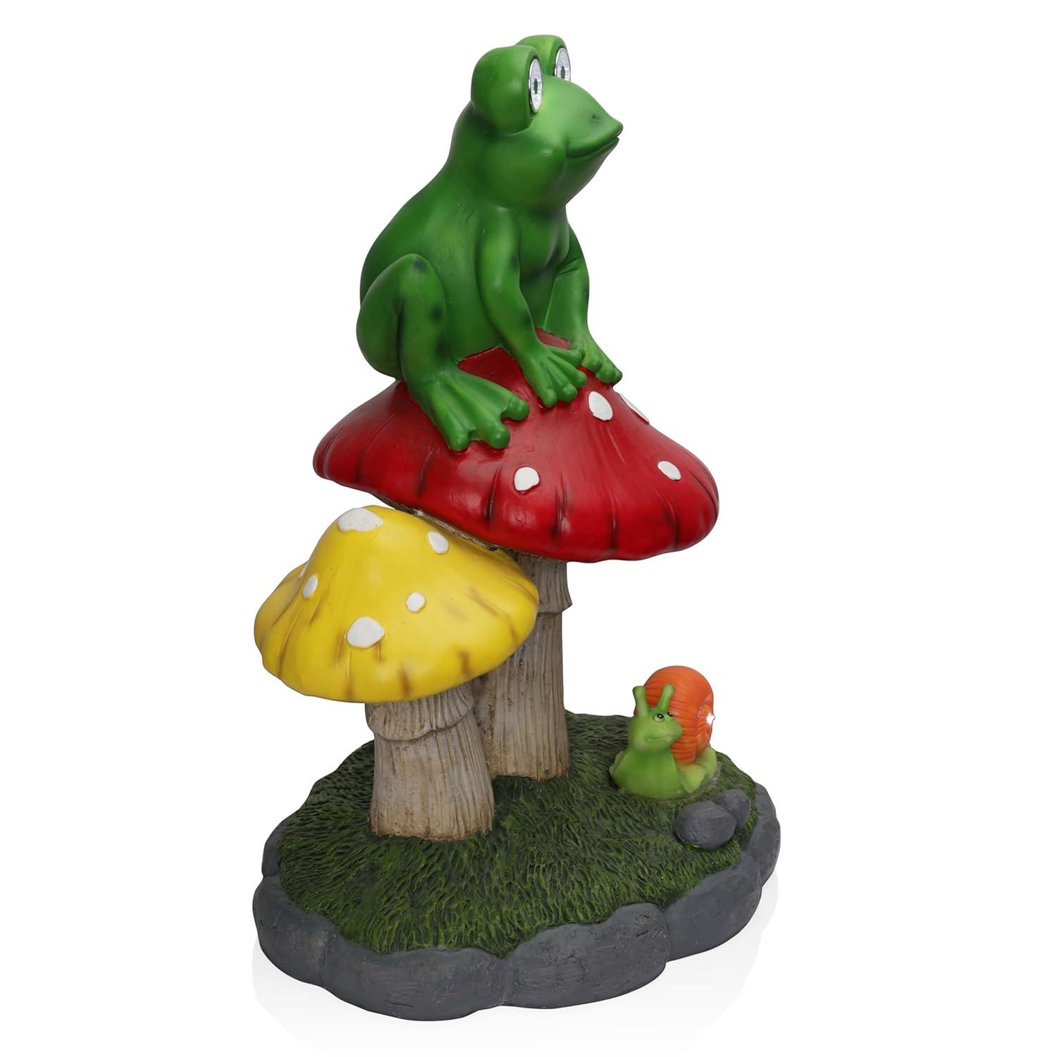 Solar Frog Sitting On Top of Mushroom Statue