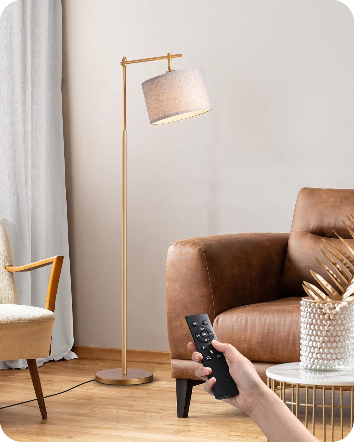 Gold Adjustable Arc Floor Lamp with Beige Shade