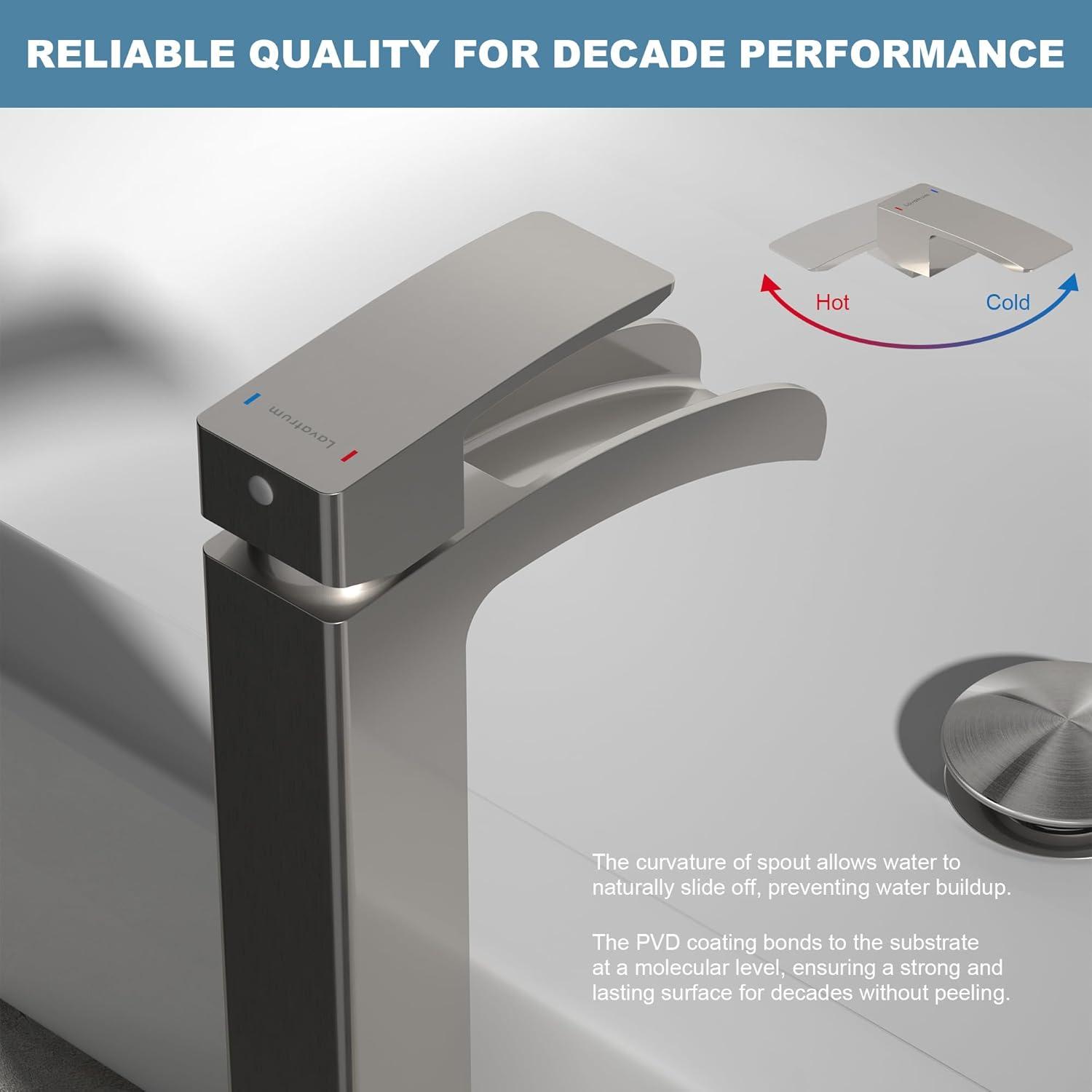 VOTON Vessel Sink Faucet Brushed Nickel Modern Tall Waterfall Bathroom Sink Faucet Single Handle Bathroom Faucet 1 Hole Bowl Lavatory Vanity Faucet, Rv Sink Camper Farmhouse Bathroom Faucet