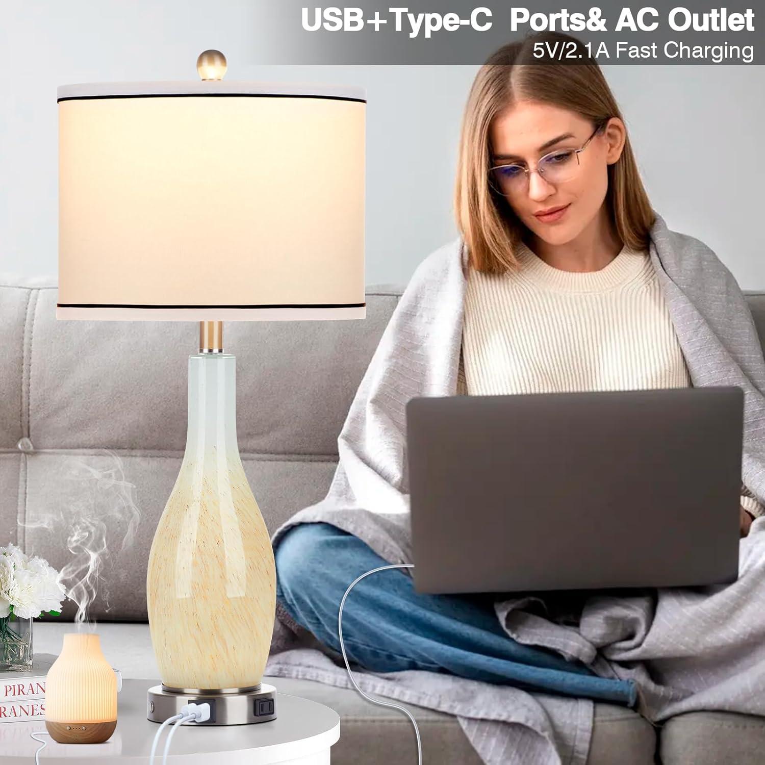 Cinkeda Modern Glass Table Lamp Set of 2 with USB A+C Ports AC Outlet Nigthlight 3-Way Dimmable Touch Control Farmhouse Bedside Nightstand Lamps for Bedroom Living Room Office