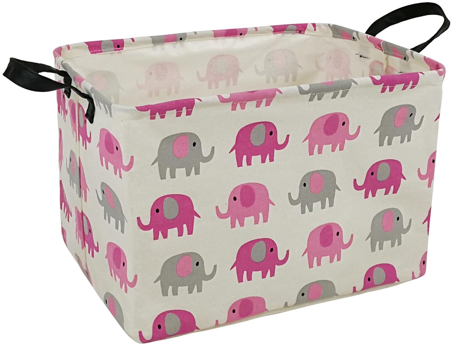 Elephant Print Rectangular Storage Bin Shelf Basket Canvas Fabric Toy Box,Waterproof Coating Nursery Hamper with Handles,Gift Basket for Home,Office,Clothes,Books(pink grey elephant)