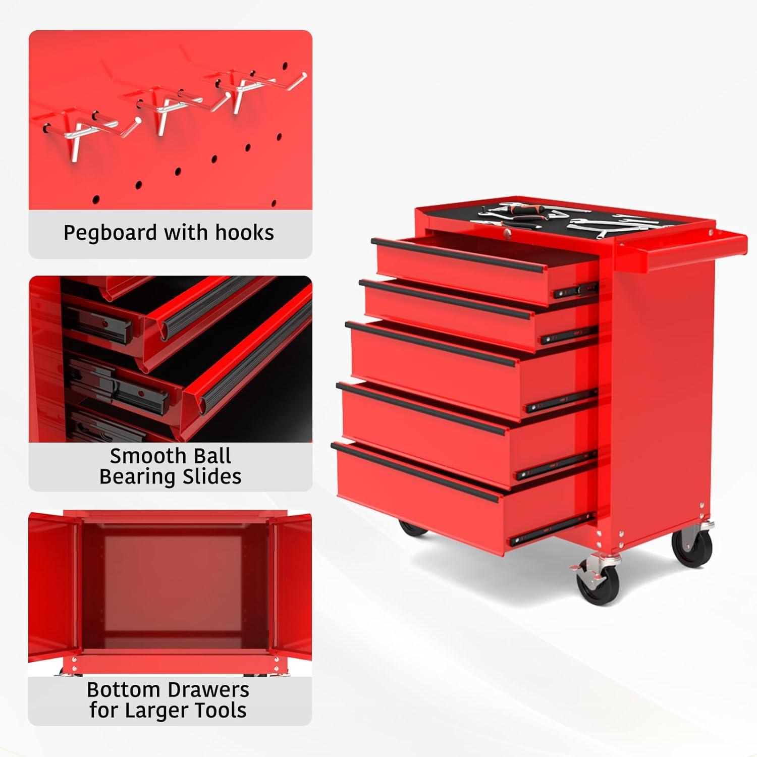 Multifunctional 5 Drawer Rolling Tool Chest, Powder-Coated Steel Construction Tool Cart with Pull Handle and lock for Garage, Warehouse, Workshop, Repair Shop, Red