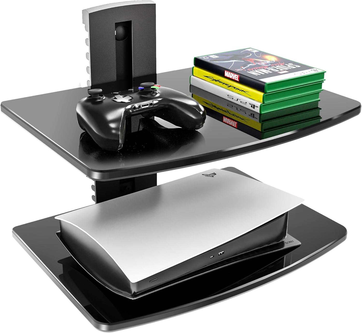 FITUEYES 2 Tiers Av Shelf Wall Mount  Black Bracket Stand for Xbox /Cable Boxes/Gaming Systems