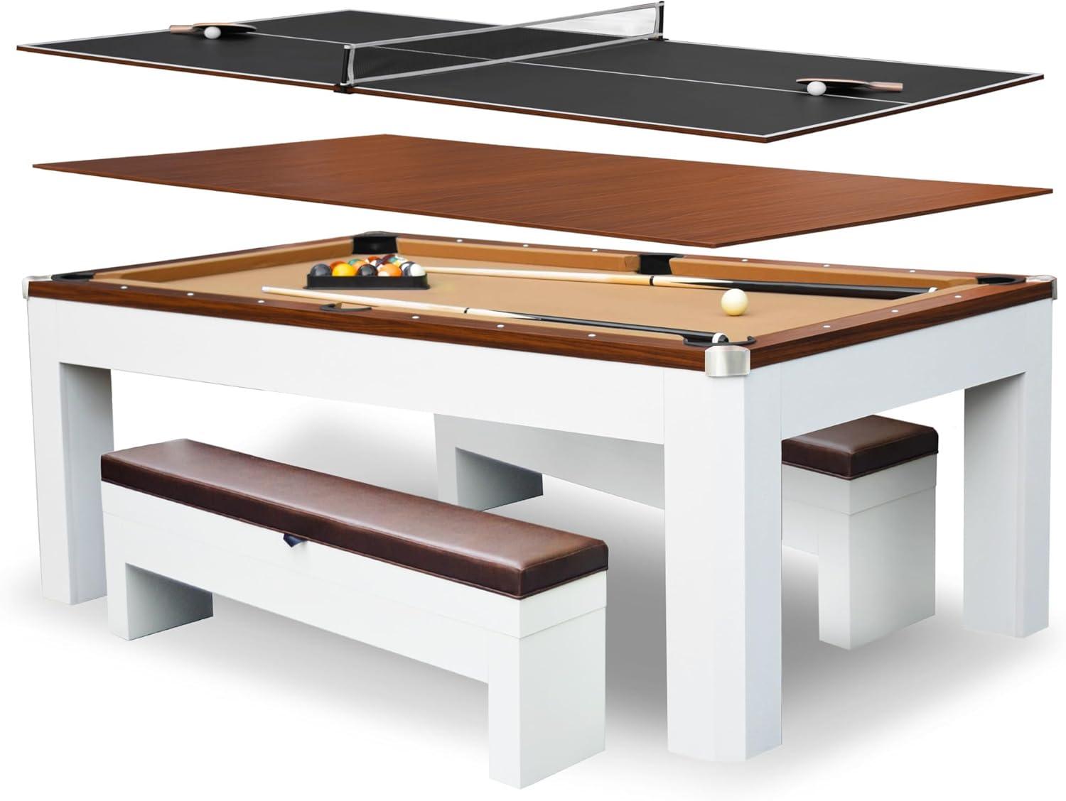 Hathaway Newport Stylish 7 Ft Multi Game Pool Table Combo with Dining Top and Ping Pong – Includes Benches for Home Storage and Accessories
