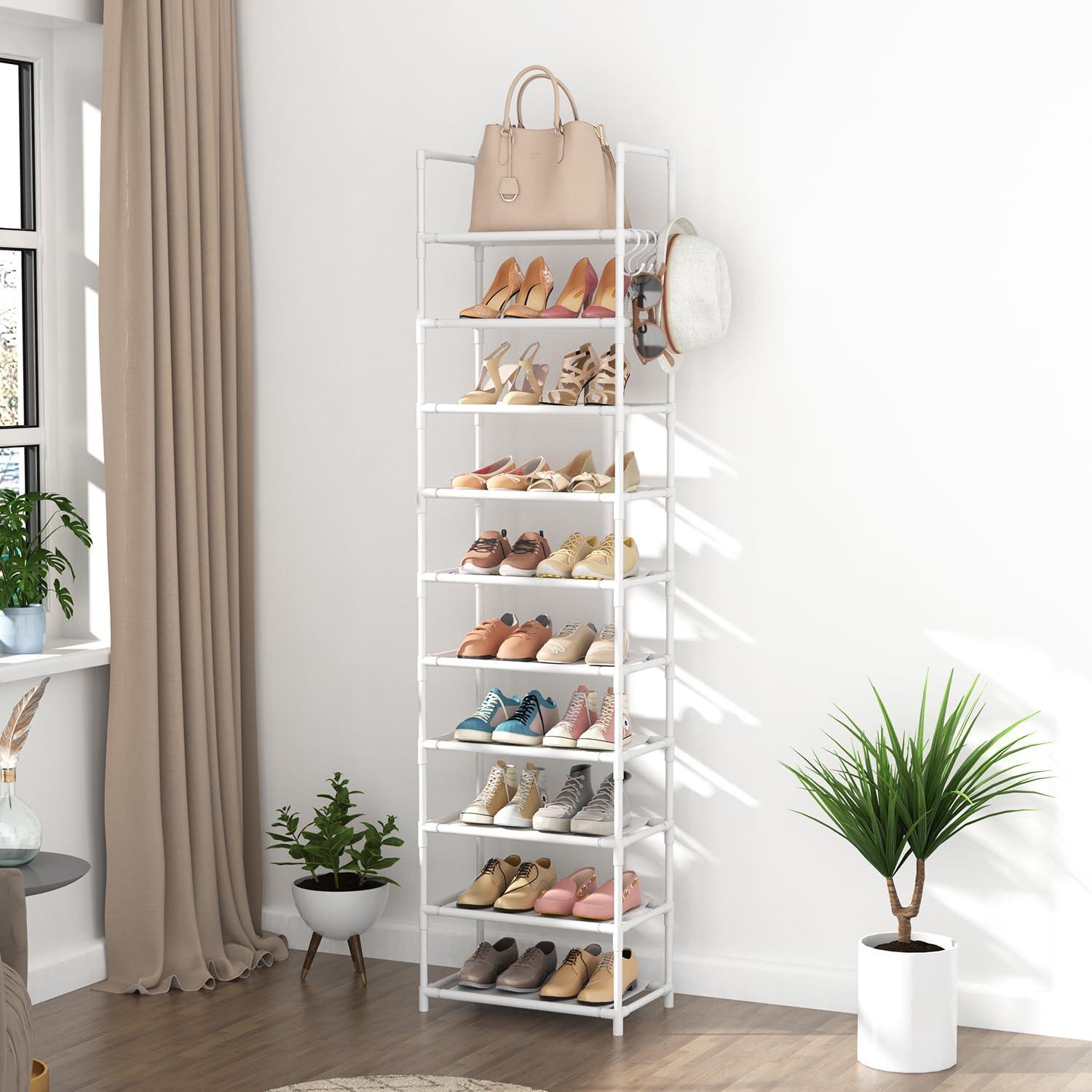 White 10-Tier Tall Stackable Shoe Rack with Hooks