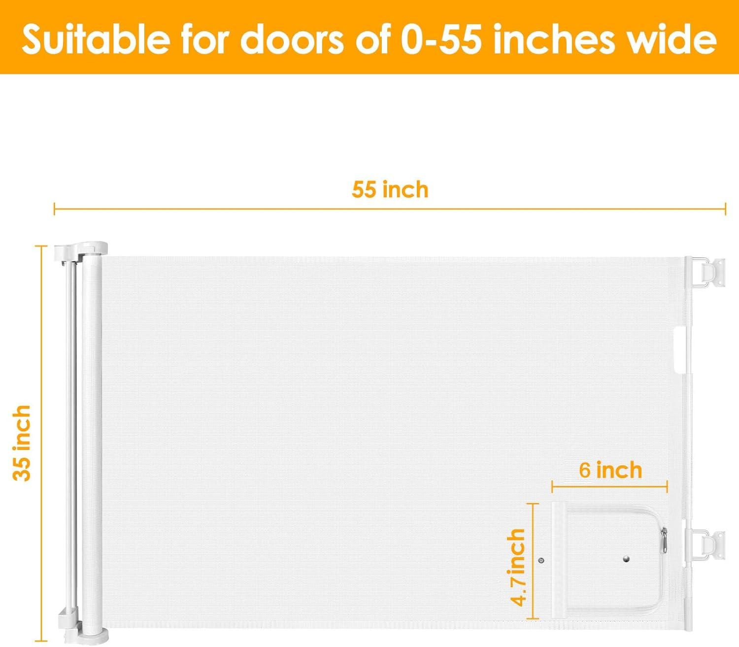 Retractable Baby Gate with Pet Door 55" Wide Retractable Dog Gate with Door Doorway Gate with Cat Door Child Gate with Cat Door Toddler Gate Outdoor Gates for Decks Mesh Baby Gate for Stairs Pet Gate