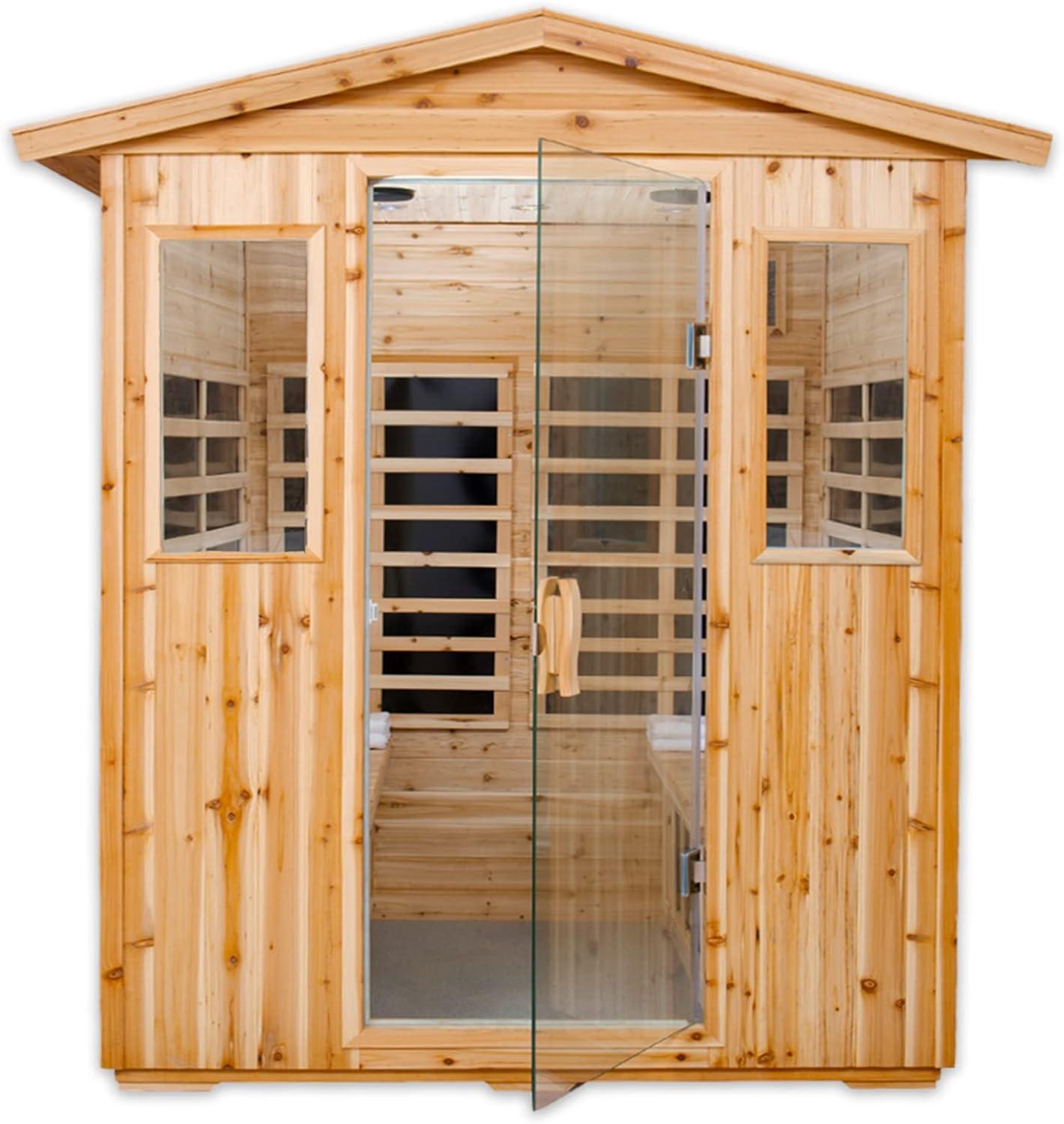 CMGB Sauna for 4 Person, Applicable Indoors and Outdoors. Far Infrared Sauna 8 Low EMF Heaters, Wooden Sauna Room, Hemlock, Chromotherapy, Bluetooth Speaker.