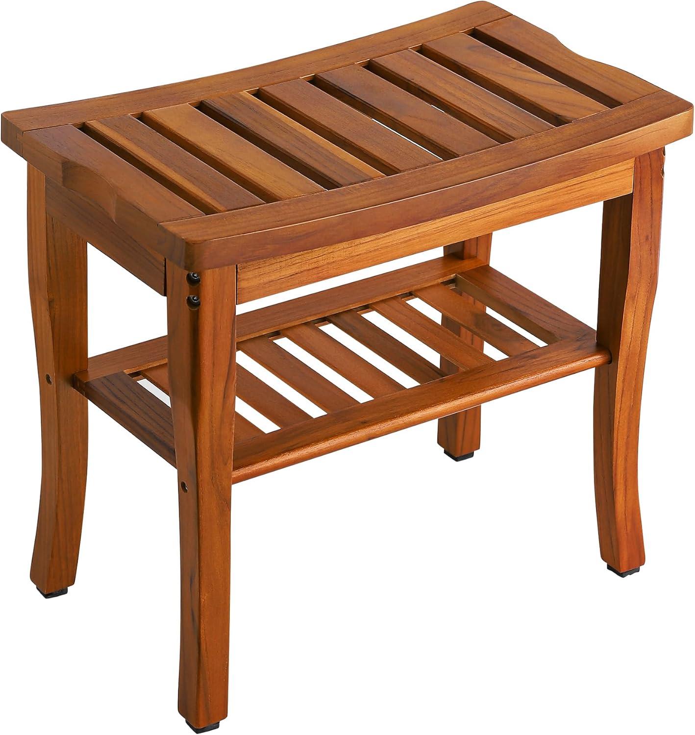 Teak Wood Shower Bench with Storage Shelf