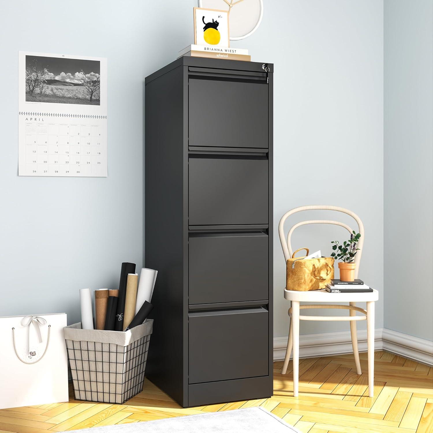 4 Drawer File Cabinet, 17.8" D Metal Filing Cabinets with Lock, Vertical Filing Cabinet for Home Office, Steel File Cabinet for Letter/Legal/A4/F4 Size, Easy Assemble (Black)