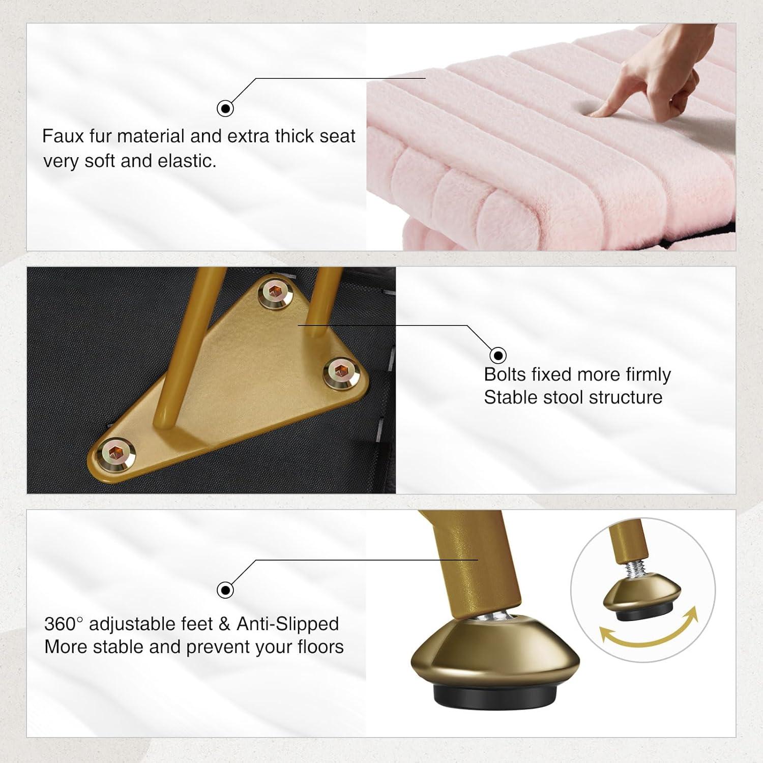 Greenstell Vanity Stool Chair Faux Fur with Storage, 15.7"L x 11.8"W x 19.4"H Soft Ottoman 4 Metal Legs with Anti-Slip Feet, Furry Padded Seat, Modern Multifunctional Chairs for Makeup, Bedroom Pink