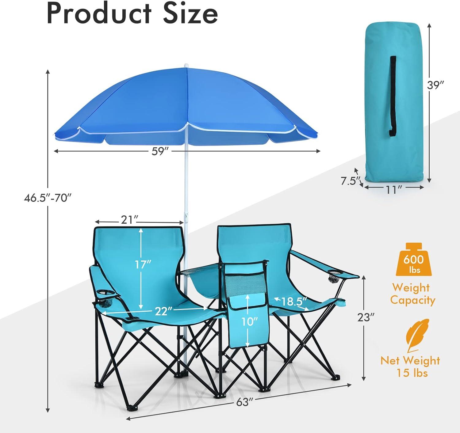 Portable Folding Picnic Double Chair W/Umbrella Table Cooler Beach Camping Turquoise