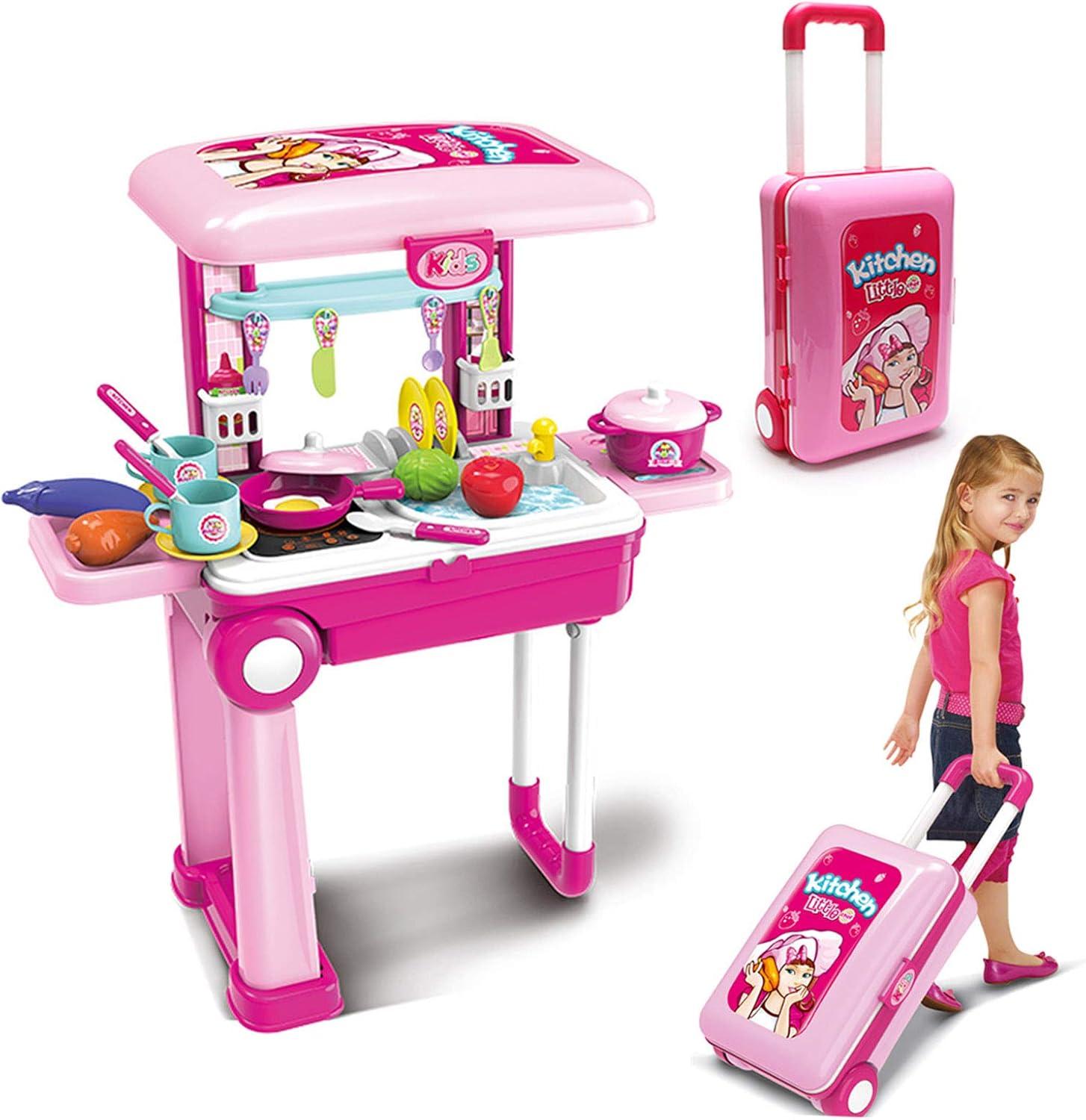 RUVINCE Pink Kids Kitchen Playset - Toddler Kitchen Set w/ Travel Suitcase